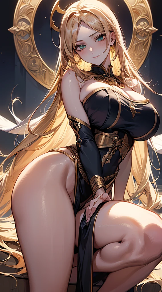 ((masterpiece, best quality, extremely detailed, absurdres)),((high resolution)) ,((8k)), a beautiful woman, ((She is one of the most famous high priestess.)), unparalleled beauty, ((large breasts:1.4)), ((large ass)), ((deep cleavage)), slim waist, chest out, ((ultra detailed face)), perfect skin, ((((waist length hair, long straight golden hair, crossed bangs)))), green eyes, whole body image, sexy, an inviting smile, (((anime))), ((glamorous)), sexual attraction ,23 years old, ((incredibly beautiful woman)),  ((((provocative)))), ((The H cup bust)), ((((sexy pose)))), ((neat and clean.)),  ((((high priestess)))), ((magic light)), Secret meeting, (((no wear a hat, no wear a cap))), ((no head accessory)), anime:1.4, gravure pose,