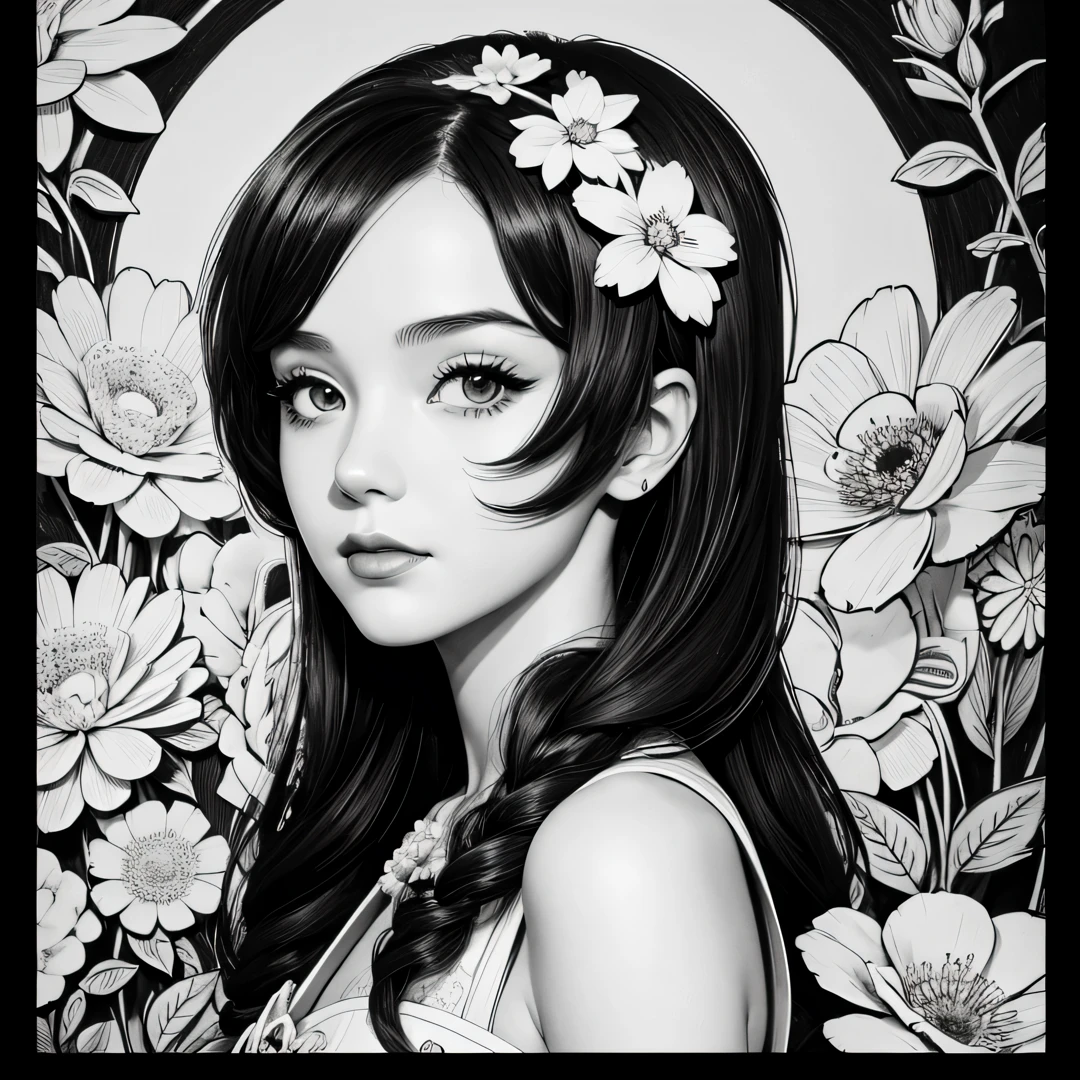 Black and white stick figure 1 girl with flowers, lots of flowers in background, loli in dress with flowers, its fine ink line art, comic style, portrait of ploynesian girl, Marilyn Munroe, Hollywood glam, beautiful line art, black and white comic style, manga style, manga art style, pencil and ink caricature drawing, black and white coloring