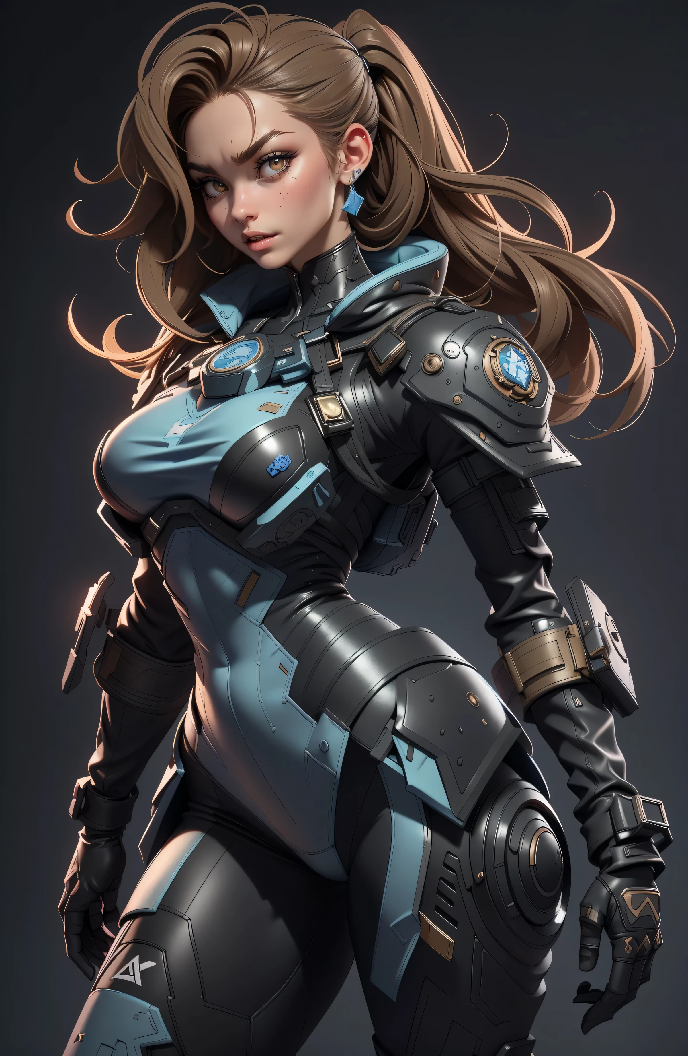 11:23(((Best quality at best: 1.4))),(无与伦比的tmasterpiece), (hyper HD),(Hyper-realistic 8k CG)、（dark colored hair） ((( body))), (((1 girl in))), 25-year-old American soldier with perfect body,,Beautiful and well-groomed face,muscular body:1.2,Solid royal blue jacket with details, (Pictures from head to thighs)， Complex equipment,，long trousers，The clothes inside are dark，Clothes with armored metal electronic parts, Poison tattoos ),Gorgeous and fearless female warrior, fit and muscular body, military shirt, shoulder, dark gold hair, tattooed arms, Full detail on the face,  Killing eyes, high detal, actual, Photoquality, high high quality,  (photoactual:1.4), The content is very detailed, tmasterpiece, high high quality阴影,