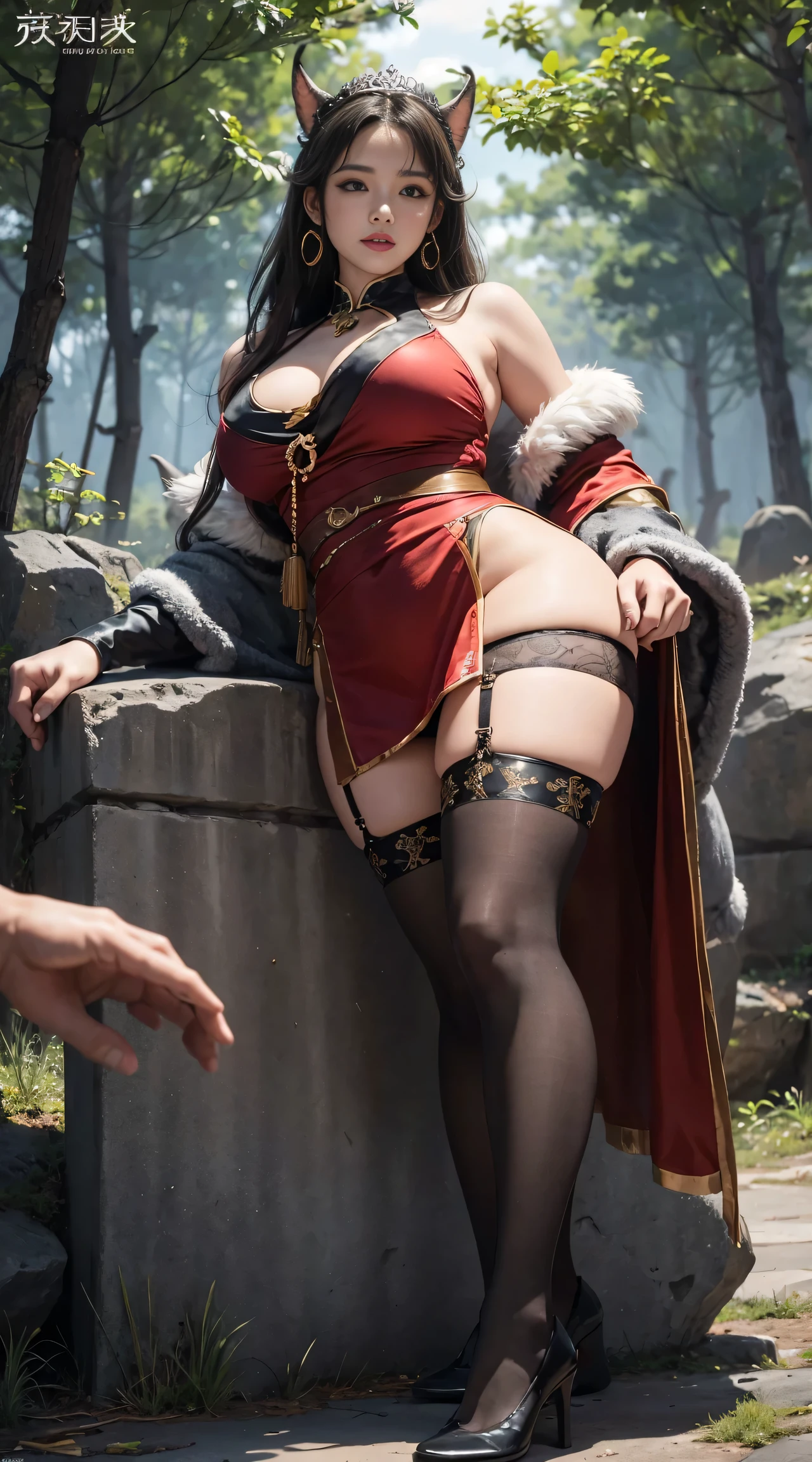 独奏,1 Orcs, Super tall,The temperament of a queen,tmasterpiece,best qualityer,Hyper-detailing,Full body illustration,Fine and detailed eyes and detailed face) garments:There are animal ears,Mature female orcs,cruel grin,There are clothes on the upper body,Wrap the whole body,The lower body is wearing animal skin shorts,Pantyhose, Show stockings,allure:Tall,Plump body,Wide buttock,Large,Strong,There are muscles,Very high,Go ahead,(big assa:1.3),(thick thight:1.3),Taller than a tree,Clouduilding, red clothes