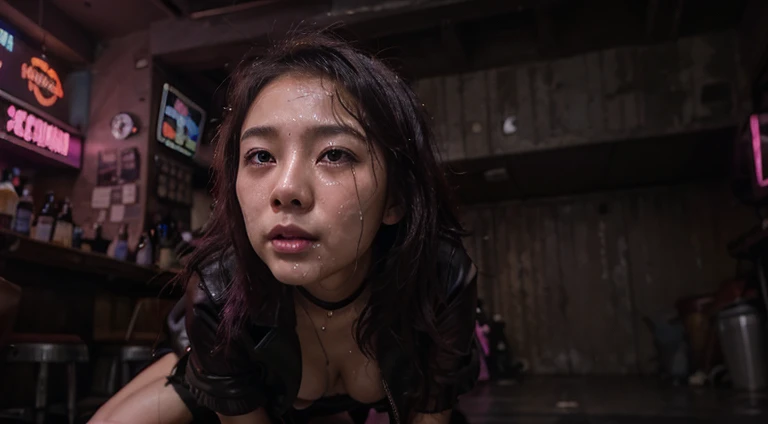 19 year old Korean girl with a petite body and feminine face, dressed in black and magenta leather panties, kneeling in a dirty, dark, dive bar, crying, sad, tears on face, cum on face, bukkake, cum facial, bar crowded