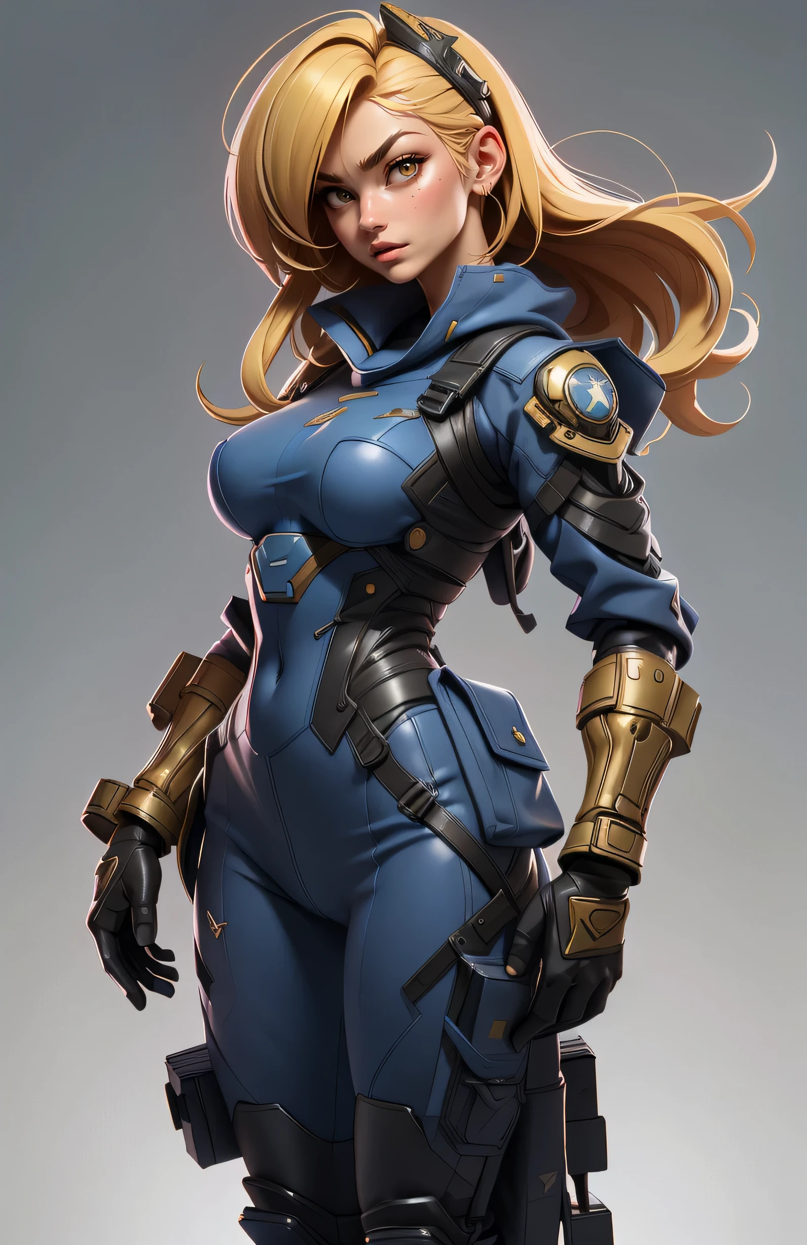 11:23(((Best quality: 1.4))),(无与伦比的tmasterpiece), (hyper HD),(Hyper-realistic 8k CG)、（coiffed blonde hair）（One hand crossed at waist） ((( body))), (((1 girl in))), 25-year-old American soldier with perfect body,,Beautiful and well groomed face,muscular body:1.2,Solid royal blue jacket with details, (Pictures from head to thighs)， Complex equipment, long trousers，The clothes inside are dark, ),Gorgeous and fearless female warrior, fit and muscular body, military shirt, bshoulders, 深coiffed blonde hair, tattooed arms, Full detail on the face,   high detal, actual, Photoquality, high high quality,  (photoactual:1.4), The content is very detailed, tmasterpiece, high high quality阴影,