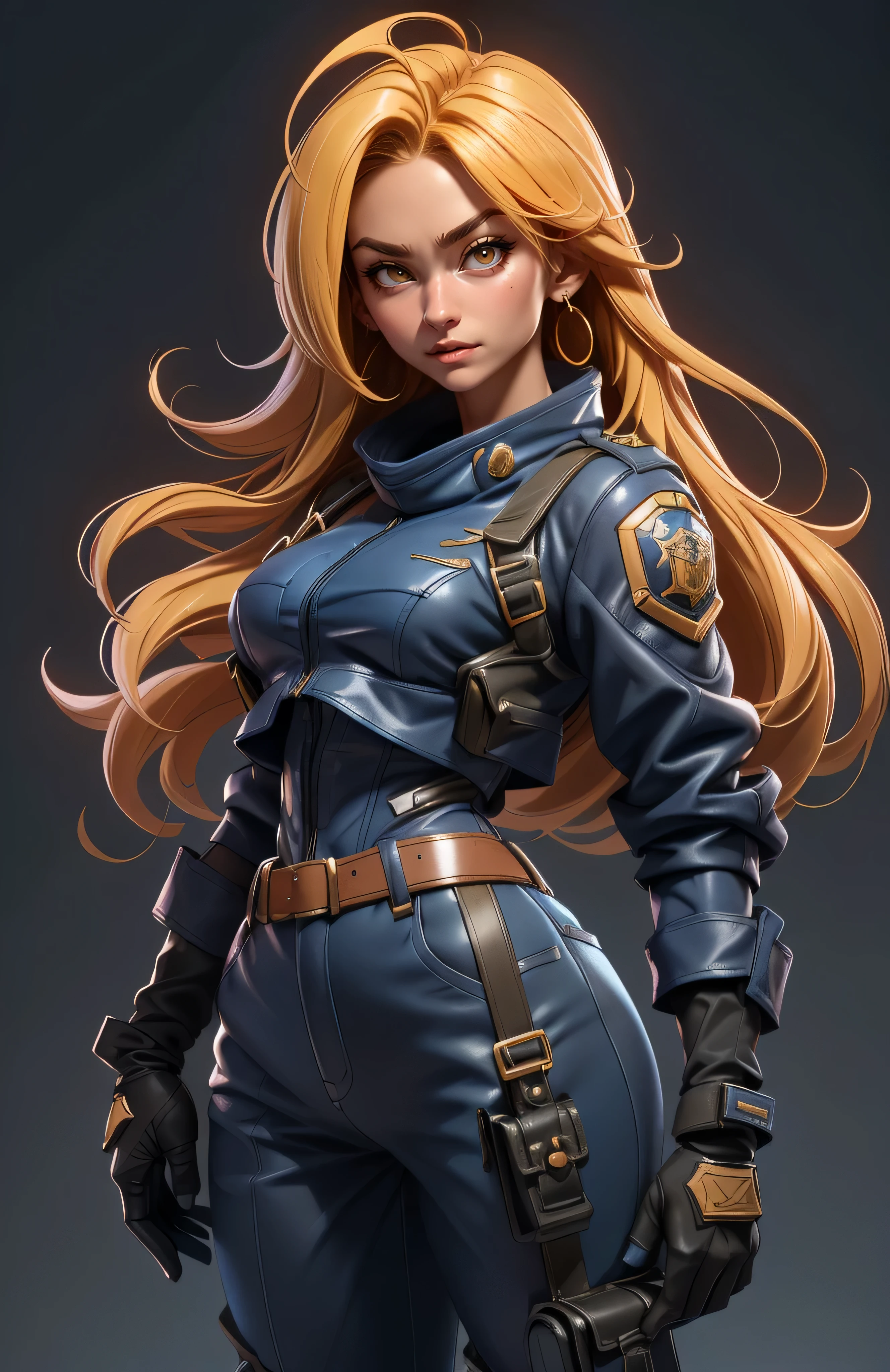 11:23(((Best quality: 1.4))),(无与伦比的tmasterpiece), (hyper HD),(Hyper-realistic 8k CG)、（coiffed blonde hair）（One hand crossed at waist） ((( body))), (((1 girl in))), 25-year-old American soldier with perfect body,,Beautiful and well groomed face,muscular body:1.2,Solid royal blue jacket with details, (Pictures from head to thighs)， Complex equipment, long trousers，The clothes inside are dark, ),Gorgeous and fearless female warrior, fit and muscular body, military shirt, bshoulders, 深coiffed blonde hair, tattooed arms, Full detail on the face,   high detal, actual, Photoquality, high high quality,  (photoactual:1.4), The content is very detailed, tmasterpiece, high high quality阴影,