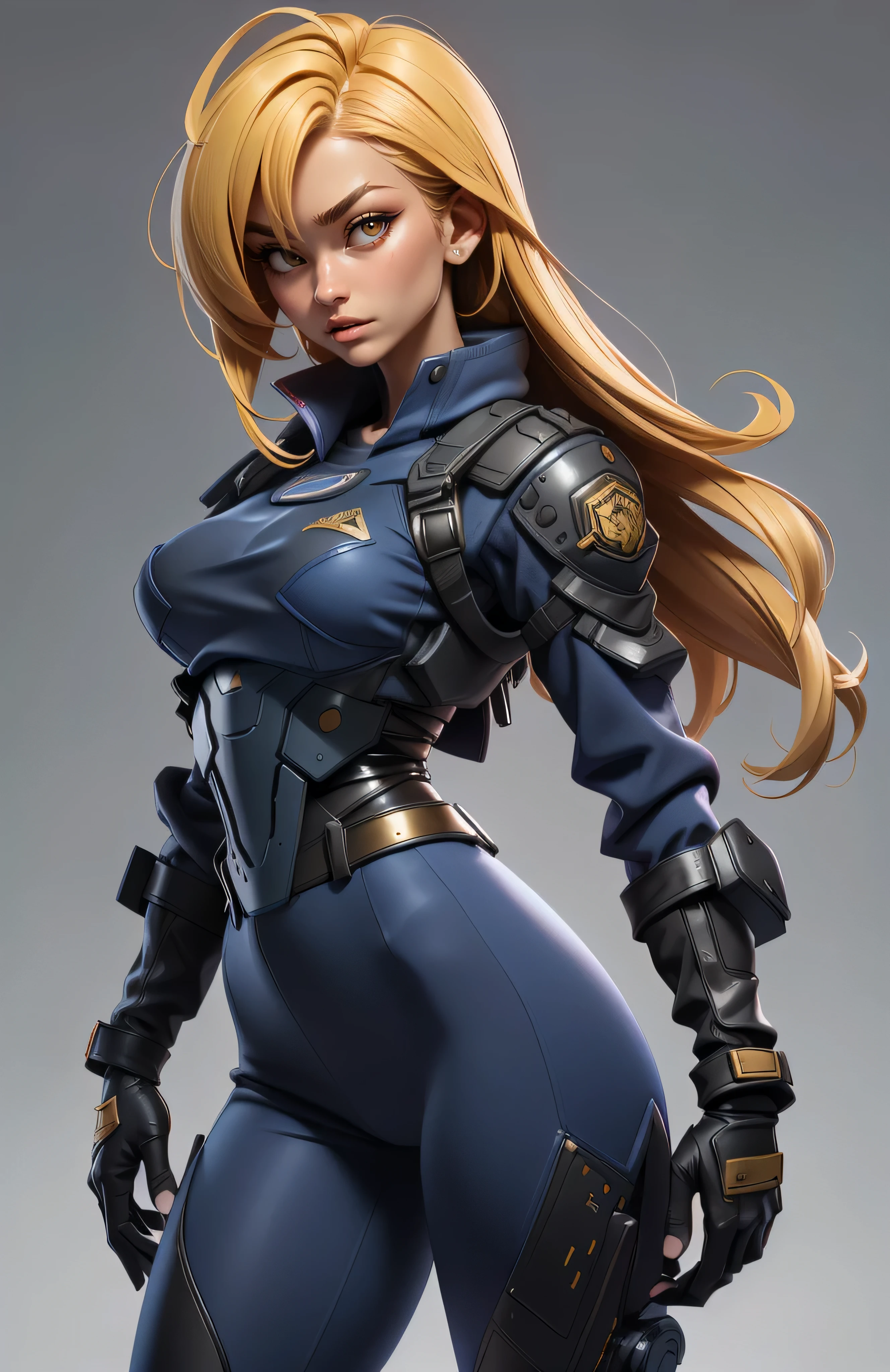 11:23(((Best quality: 1.4))),(无与伦比的tmasterpiece), (hyper HD),(Hyper-realistic 8k CG)、(coiffed blonde hair)(One hand crossed at waist) ((( body))), (((1 girl in))), 25-year-old American soldier with perfect body,,Beautiful and well groomed face,muscular body:1.2,Solid royal blue jacket with details, (Pictures from head to thighs), Complex equipment, long trousers,The clothes inside are dark, ),Gorgeous and fearless female warrior, fit and muscular body, military shirt, bshoulders, 深coiffed blonde hair, tattooed arms, Full detail on the face, high detal, actual, Photoquality, high high quality, (photoactual:1.4), The content is very detailed, tmasterpiece, high high quality阴影,