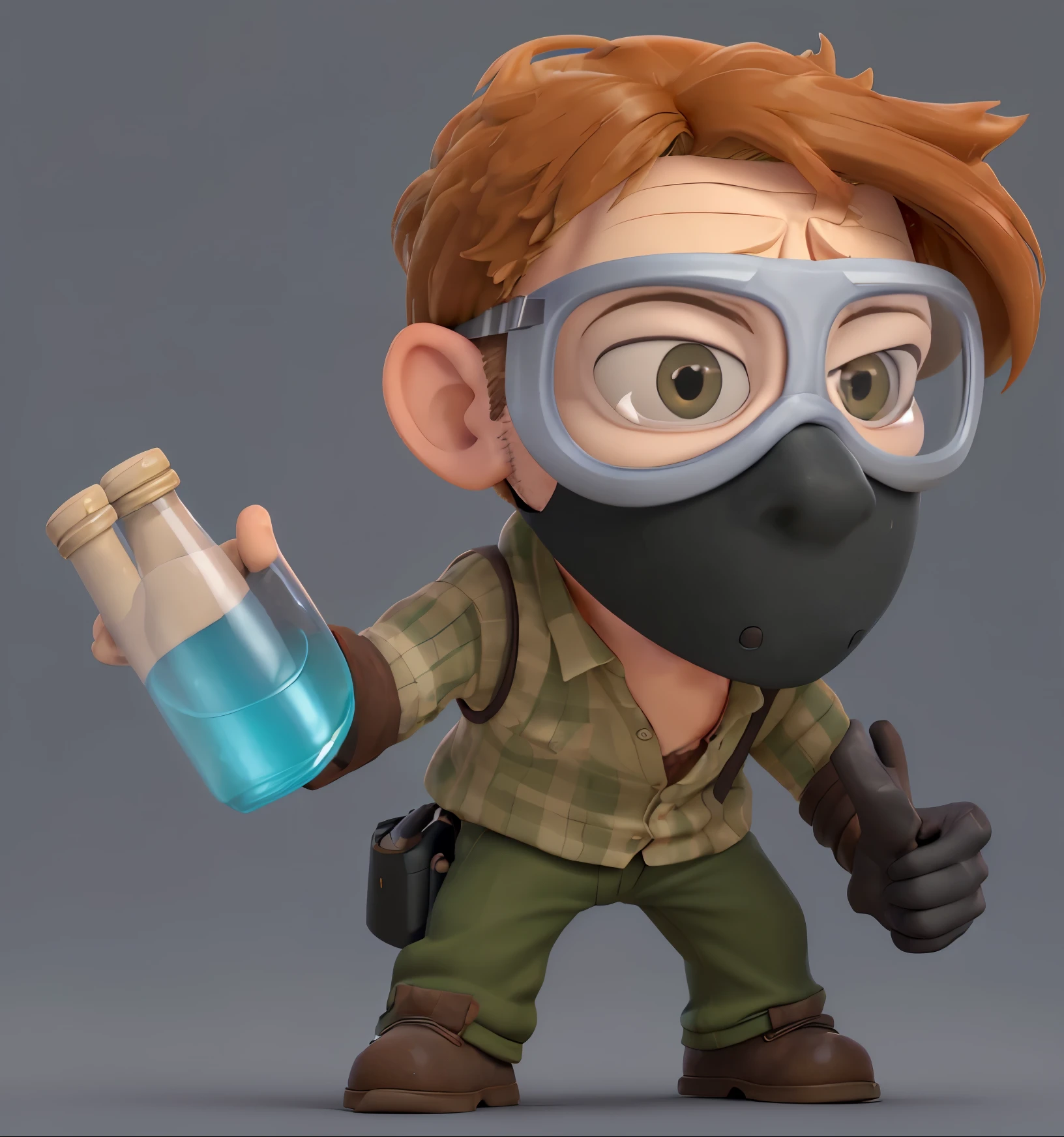 A white man,30 age old,Wear a mask,Wear gloves,wearing goggles,holding a glass bottle,irate,Angry