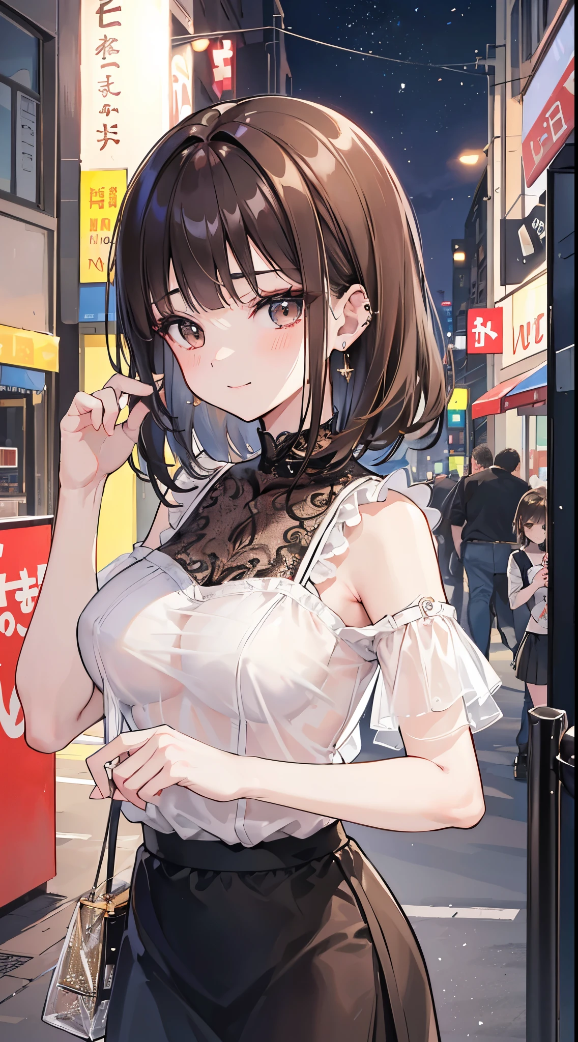 (8K、Top image quality、top-quality、masterpiece)、A detailed face、1 girl in、brown haired、blunt bangs、Medium hair、piercings、brown-eyed、makeup、big breasts grinning、sheer mesh cami top、(See-through on the chest)、shortsleeves、black pencil mini skirt、cowboy shot、Downtown background at night
