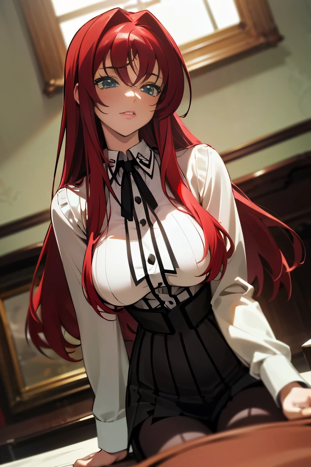 (Masterpiece:1.2, high quality:1.2), (solo:1.2), (1girl:1.2), (pixiv:1.4), (Rias gremory), indifferent, (glare:0.8), crimson red hair, wavy long hair, sharp bangs, crystal green eyes, (detailed eyes), double eyelids, black eyeshadow, long eyelashes, pale pink lips, beautiful face, detailed face, plunging neckline, collarbone, (beautiful round breats:1.2), school uniform, unbuttoned shirt, pleated skirt, pantyhose, (pov from below), front view, stockings, thighs, sitting on desk, dynamic lighting, (window), windowsill, blue sky, ((detailed face)), ultra-detailed, intrinsic details, vivid colors, aesthetic indoors, classroom, HD, 4k, (highres:1.5), professional photography, blurry background, sharp focus