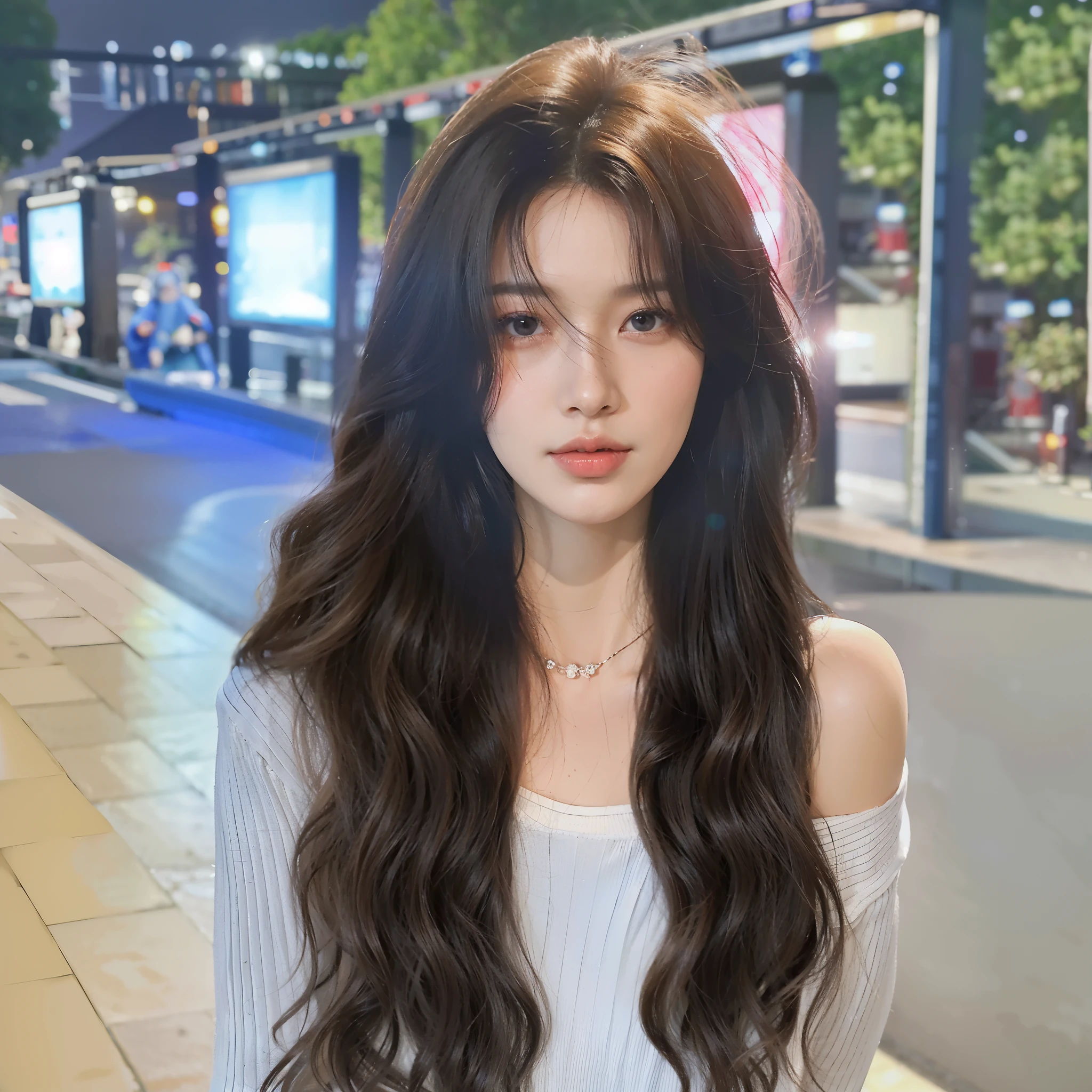 there is a woman long whitr hair standing on a sidewalk, 深色with long coiled hair, 深色with long coiled hair, long whitr hair, A vibrant, short dark curly hair, with long coiled hair, wavy shoulder-length hair, 黑色with long coiled hair, Urzans, Dynamic wavy hair, 深色with long coiled hair, loose wavy hair, 飘逸的long whitr hair, with long coiled hair，The hair color turns dark
