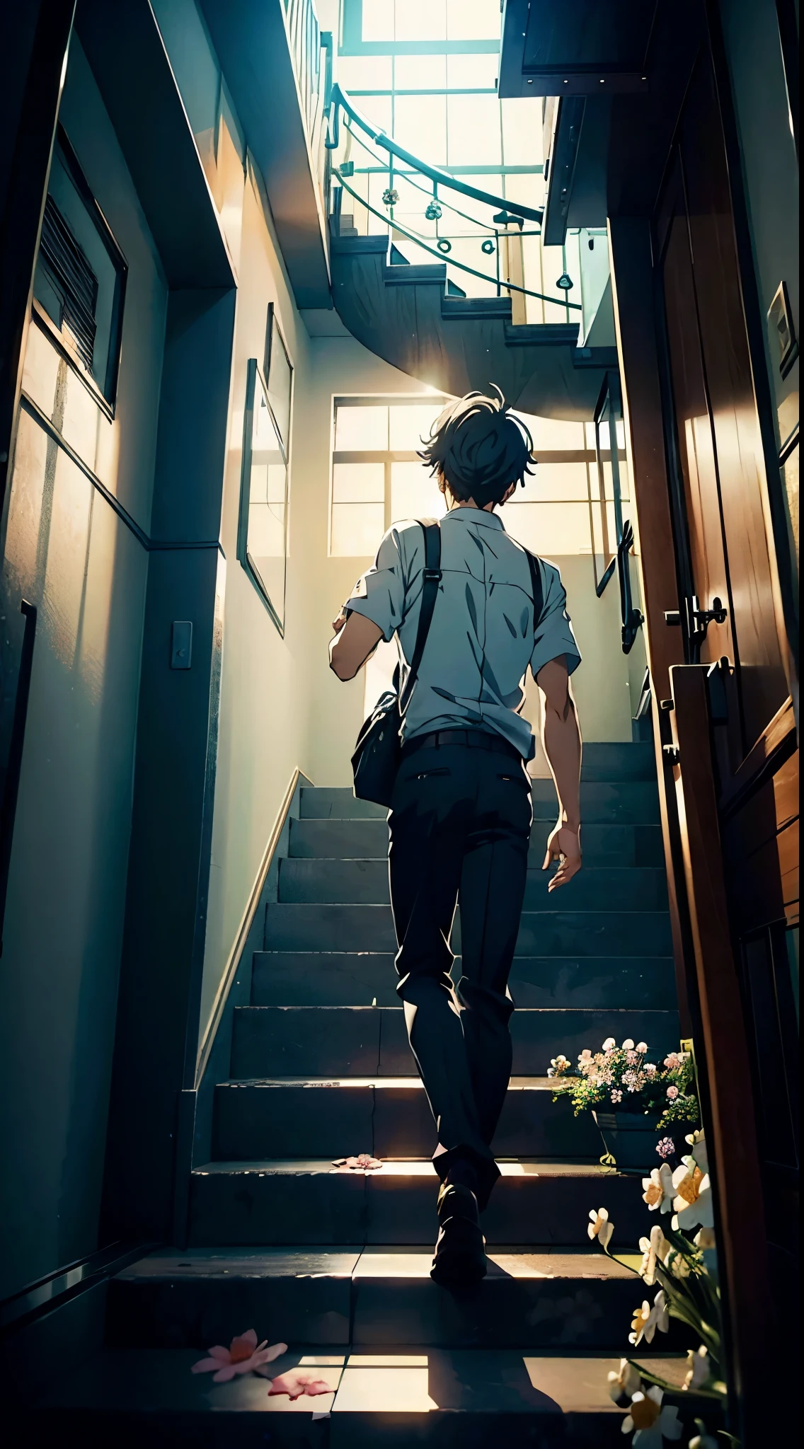 In a (((psychologically themed anime world))), a (man) is depicted falling backward down a set of stairs, let out a cry as he lands, with flowers ((blooming)) around him in a pattern that mimics a wound from a beached object, reflecting a sense of emotional turmoil and trauma