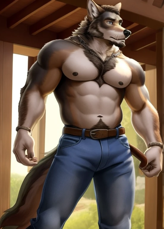 william adler, solo, upper body, male focus, naked , full body, his blue jeans is pull down and brown cowboy boots, wolf ears, beard