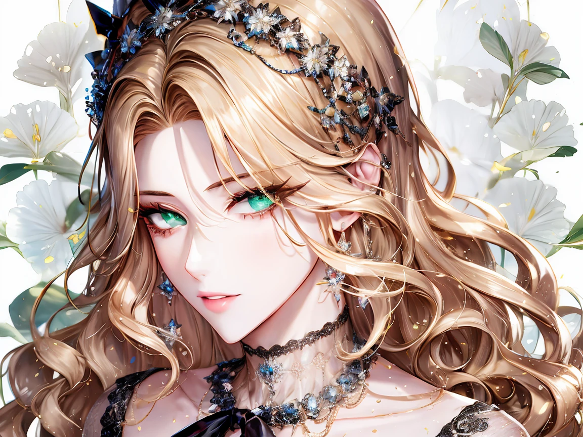 shoujo-style, floral background, romance manhwa, 1girl, blonde hair, solo, long hair, flower, dress, tiara, white dress, gloves, long sleeves, choker, green eyes, mascara, makeup, white gloves, black bow, black flower, wavy hair, bow, jewelry, looking at viewer, white background, collarbone, puffy sleeves, silver accessories, upper body, parted bangs, very long hair, blue dress, frills, bangs, closed mouth, detailed eyes, (close up), gleaming skin, shiny glossy skin