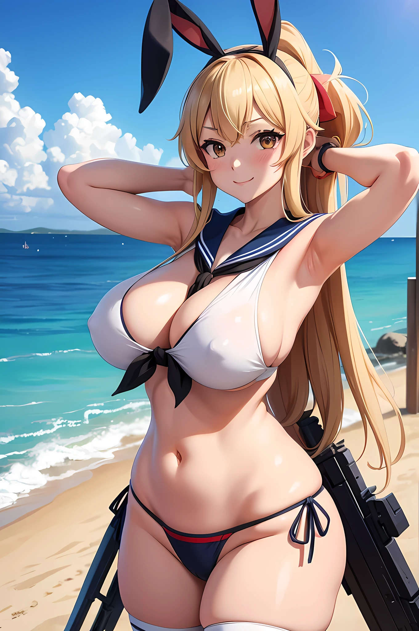anime girl, sento isuzu, amagi briliant park, kantai collection, big breast, large breast, wearing shimakaze outfit, bunny ear, beach, blue sky, thicc, oppai, high quality, masterpiece, smile, seductive anime girl, armpits, ecchi anime style, white stocking, hand behind head, ultra detail, long hair, sailor uniform bikini, wink eyes, armor girl, mecha musume, holding big gun, sci-fi, cyberpunk, bikini armor