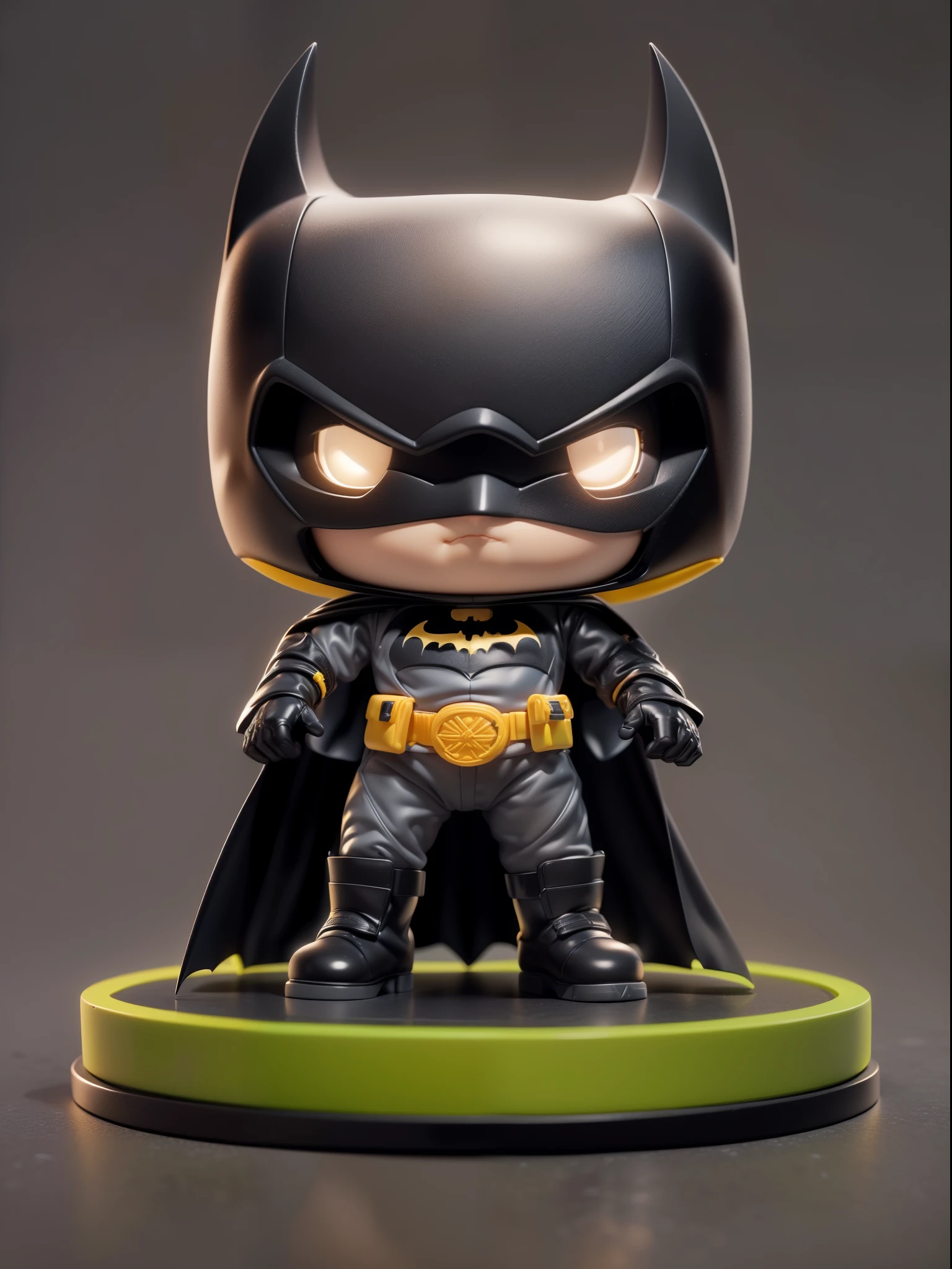 (Blind box toy style:1.3),((Full body shot)),(1 cute batman，solo）(((solo))),dreamy glow, plastic style， Clean black background, (circular base）( Global illumination, Ray tracing, hdr, unreal render,reasonable design, high detail, Masterpiece, Best quality, hyper HD, Cinematic lighting)