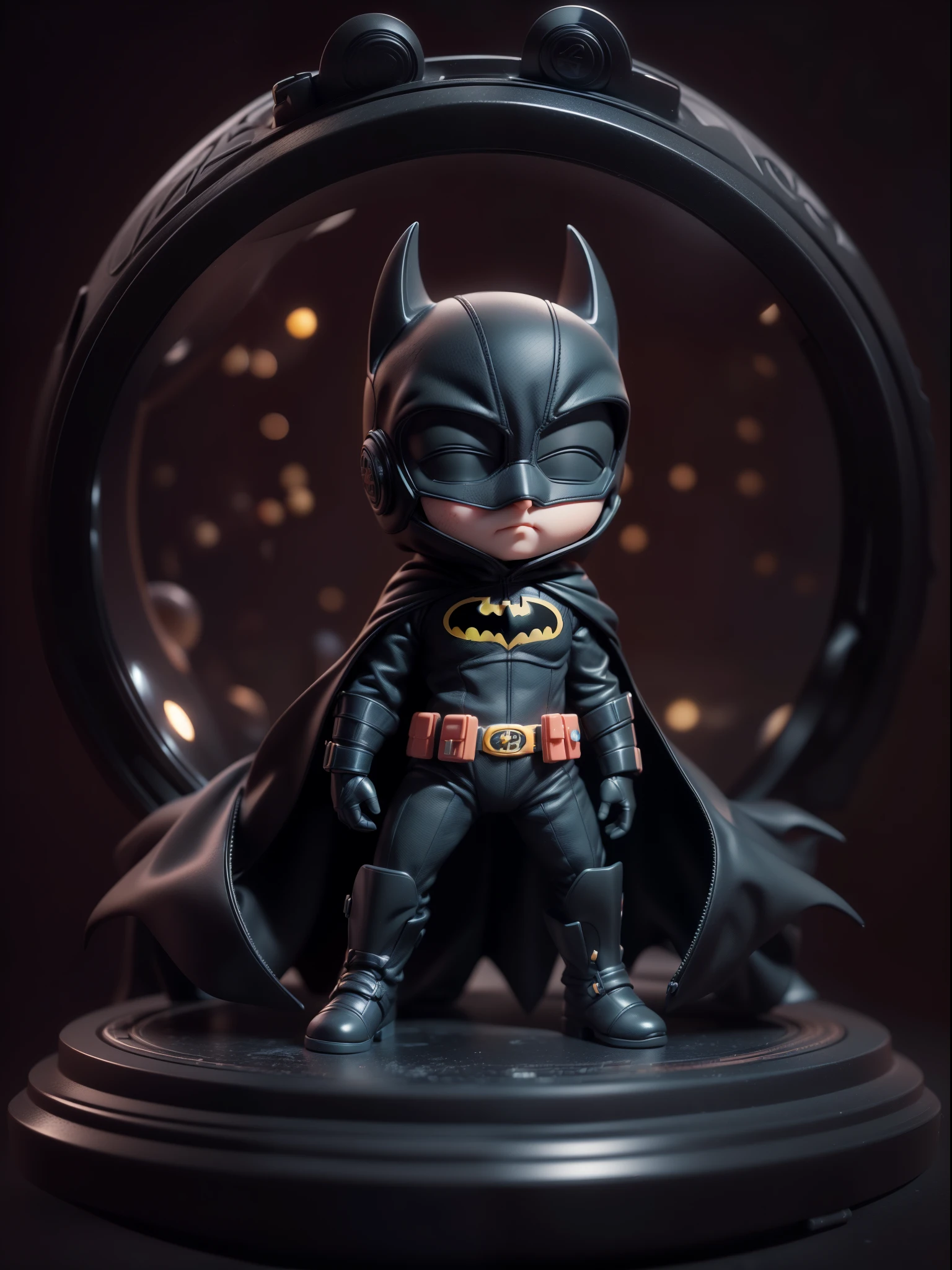 (Blind box toy style:1.3),((Full body shot)),(1 cute batman,solo)(((solo))),dreamy glow, plastic style, Clean black background, (circular base)( Global illumination, Ray tracing, hdr, unreal render,reasonable design, high detail, Masterpiece, Best quality, hyper HD, Cinematic lighting)