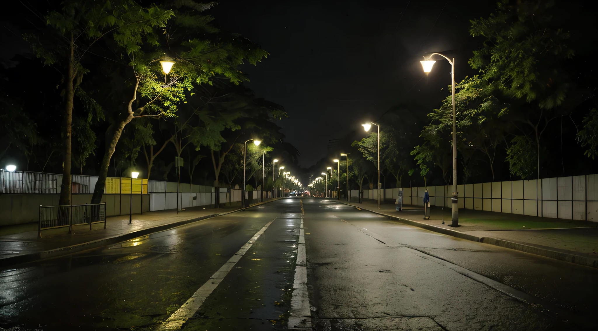 quadratic element，trilha da floresta，dia de chuva，a noite，There is a street light，Beira da estrada