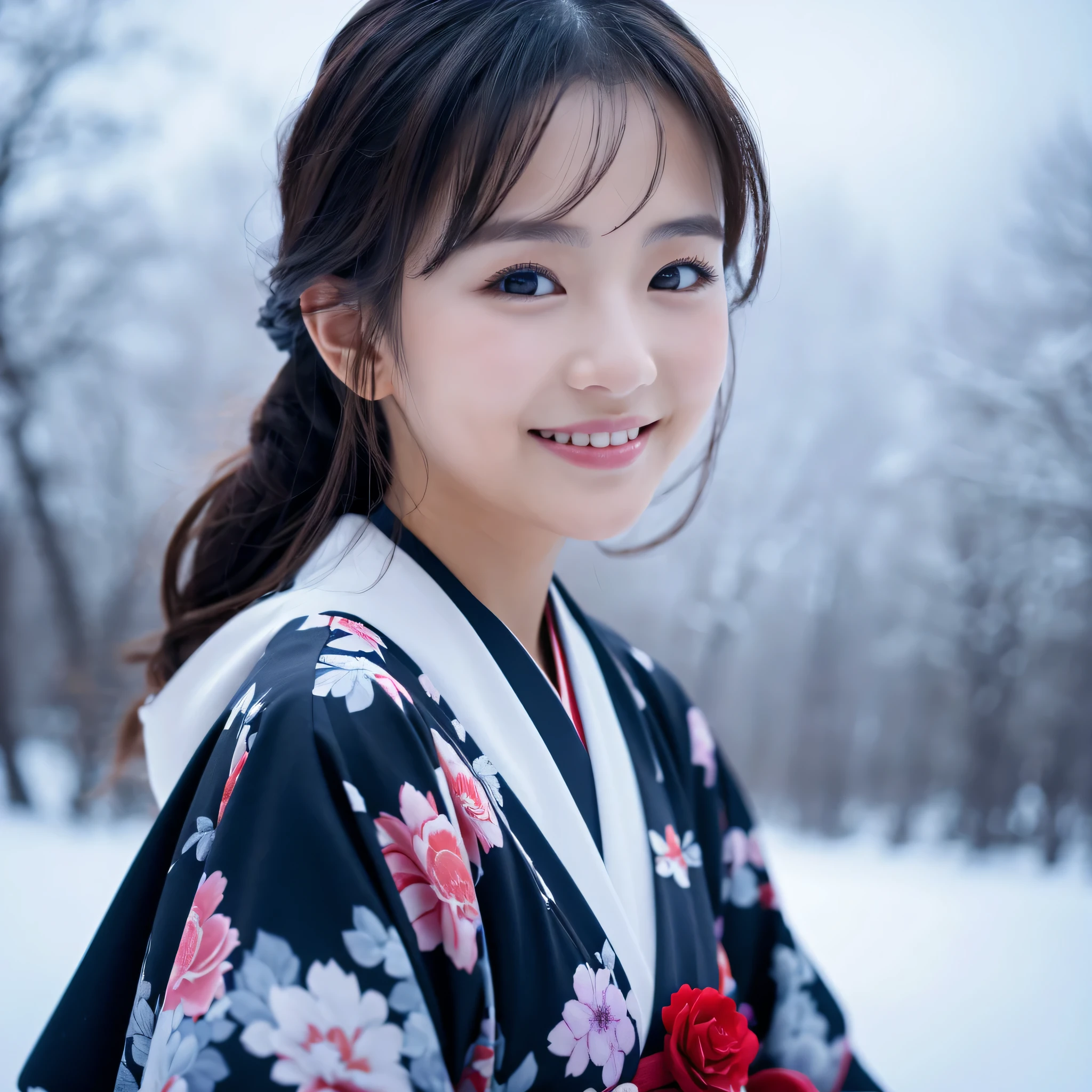 (Super beautiful woman in kimono)、((best qualtiy、8k masterpieces:1.3))、foco nítido:1.2、(ultra beautiful faces:1.0)、(shinny skin:1.0)、photos realistic、A dark-haired、Video Lighting、High-definition eyes and face、Video Lighting、Japanese actressl、from the front side、medium breasts、With a happy smile、Slender Abs Beauty、Whole body、wearing kimonos、In a snowy landscape in the middle of winter、highest grade obi