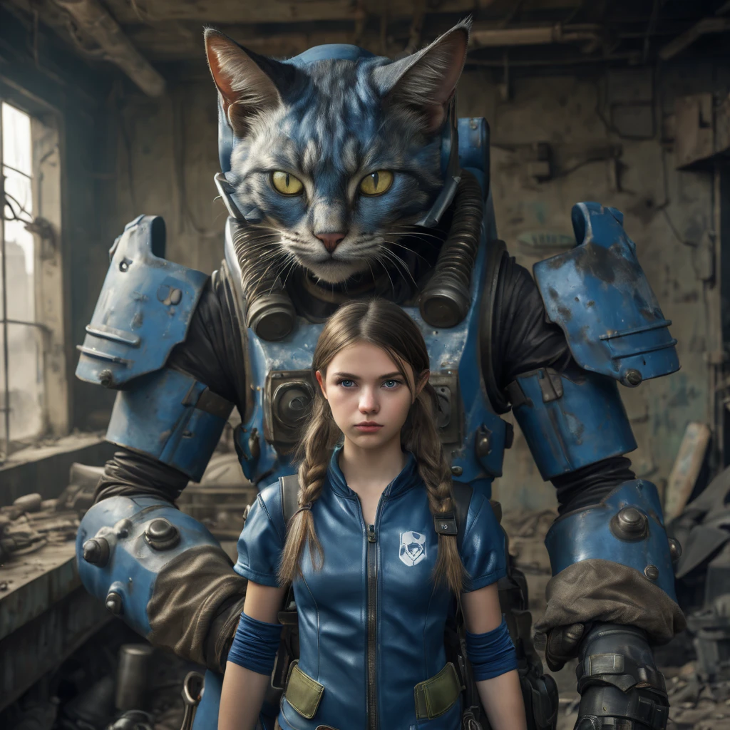 European girl wearing (vaultsuit with pipboy3000 on wrist) standing in a rundown rusty post apocalyptic steel bunker, holding a weapon in her right hand, giant fallout monster in fallout armor with giant cat's head in background, professionally color graded, professional photography, well drawn, masterpiece, hyper realistic, ultra detailed, high quality, best quality, 4k, 8k, raw, detailed and realistic eyes, petite, 13 years old, )) ((wearing long leather gloves cover all her fingers)), , wearing cats ears, highly detailed, vibrant,8k Ultra HD