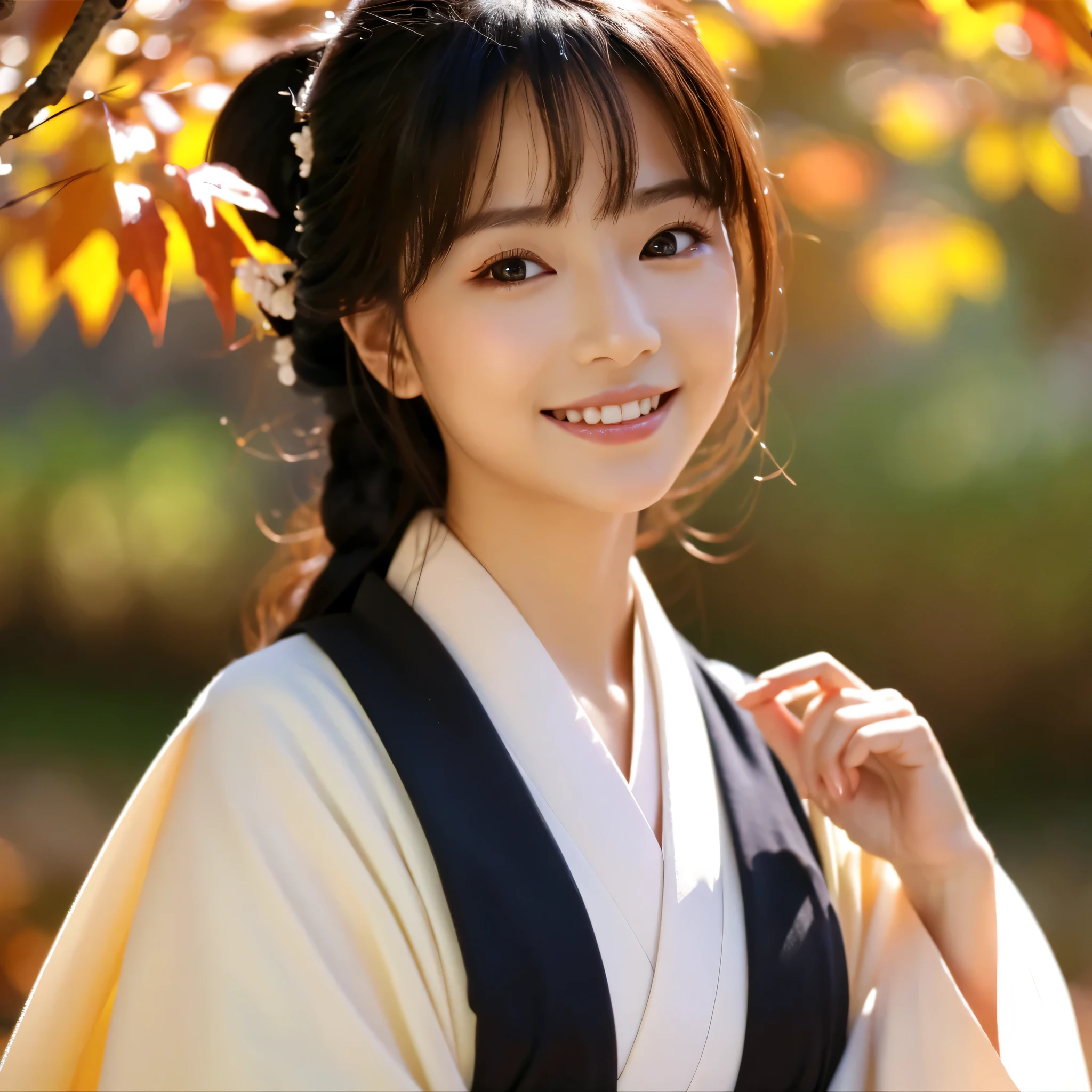 (Super beautiful woman in kimono)、((best qualtiy、8k masterpieces:1.3))、foco nítido:1.2、(ultra beautiful faces:1.0)、(shinny skin:1.0)、photos realistic、A dark-haired、Video Lighting、High-definition eyes and face、Video Lighting、Japanese actressl、from the front side、medium breasts、With a happy smile、wearing kimonos、Under the autumn leaves、highest grade obi