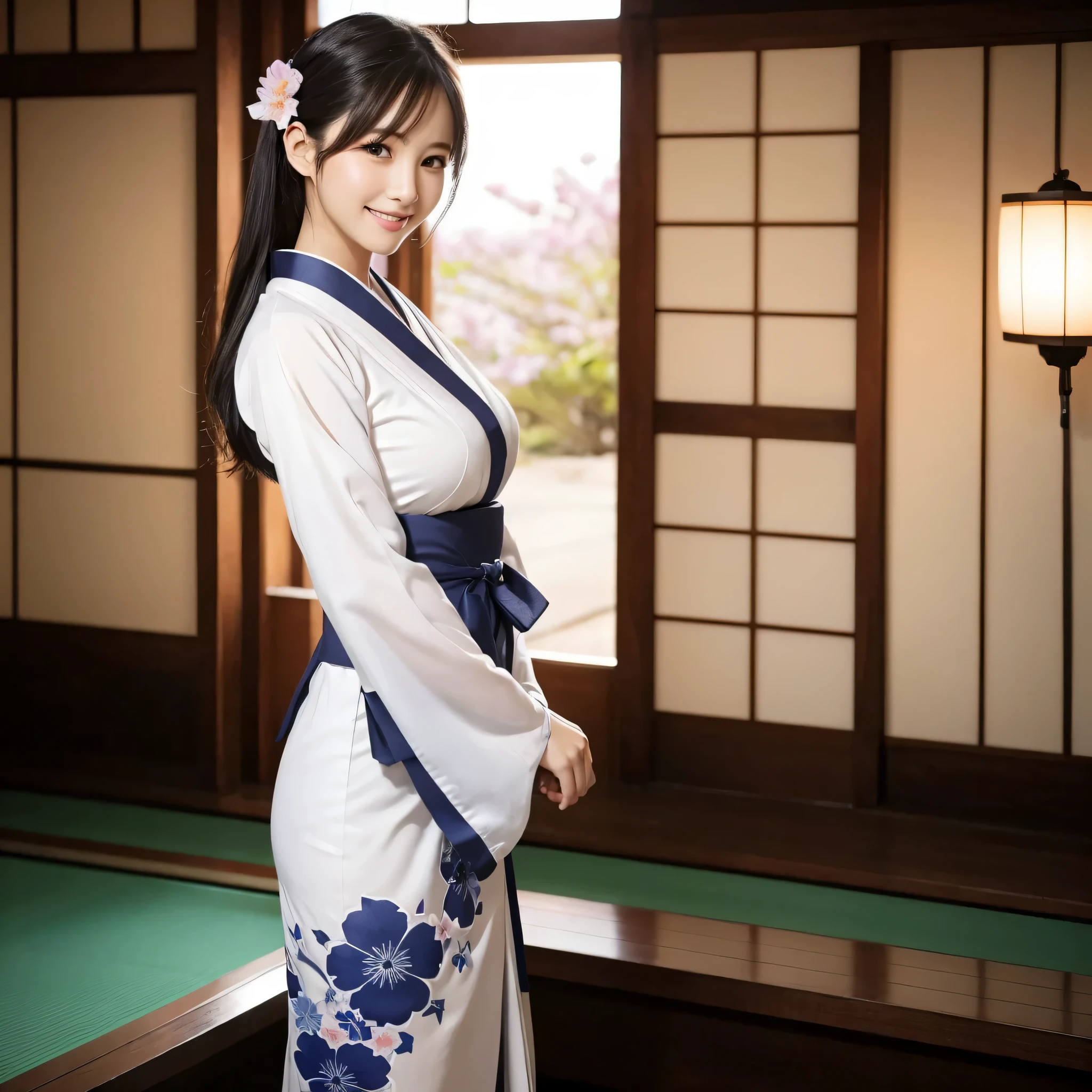Beautiful woman in neat Japanese clothes、8k masterpieces:1.3))、foco nítido:1.2、(ultra beautiful faces:1.0)、(shinny skin:1.0)、photos realistic、A dark-haired、Video Lighting、High-definition eyes and face、Video Lighting、The front side of the huge breasts of Japanese idol actresses、Smile、Slender Abs Beauty、Whole body、In furisode