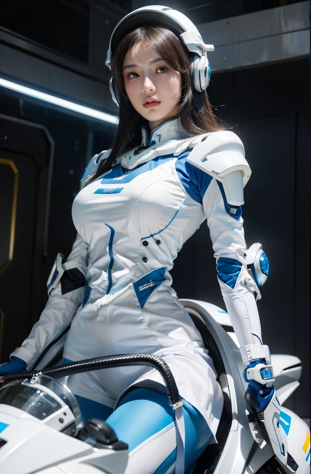 best images quality, excellent detail, 超高分辨率, (Realistis: 1.4), Most Best Illustration, Loved the details, Highly concentrated 1girl, exquisite and beautiful face, Wearing white and blue mecha, wearing a mech helmet, holding direction, riding motorcycles, The background is a high-tech light scene of the future city.