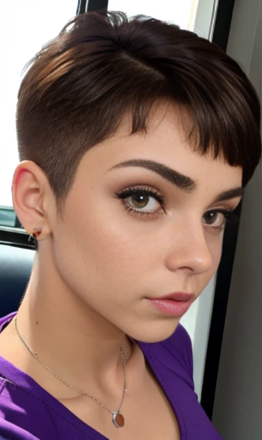 Photo of a 15-year-old European girl, .RAW, beautiful woman,pecas en mejillas y pecho ,hermosos ojos azules(Light brown hair pixie haircut),corte de cabello pixie desalineado ((retrato)), ((Cara detallada:1.2)), ((Detailed facial features)), (Piel finamente detallada) ,lindo maquillaje, Purple eyeshadows on eyelids ,Un sexy(cool color), (Masutepiece) (proporciones perfectaotos realistas)(La mejor calidad), NffSW, (8k) (papel tapiz) (cinematic lighting) (Dramatic lighting) (sharp focus) (Enrevesado) , fondo variado , linda sonrisa, foto de cuerpo completo , posando para foto , gargantilla negra , aretes de clip , maquillaje , labios rojos , sombra de ojos morada , hermosa desnudes , desnuda , showing , alegre