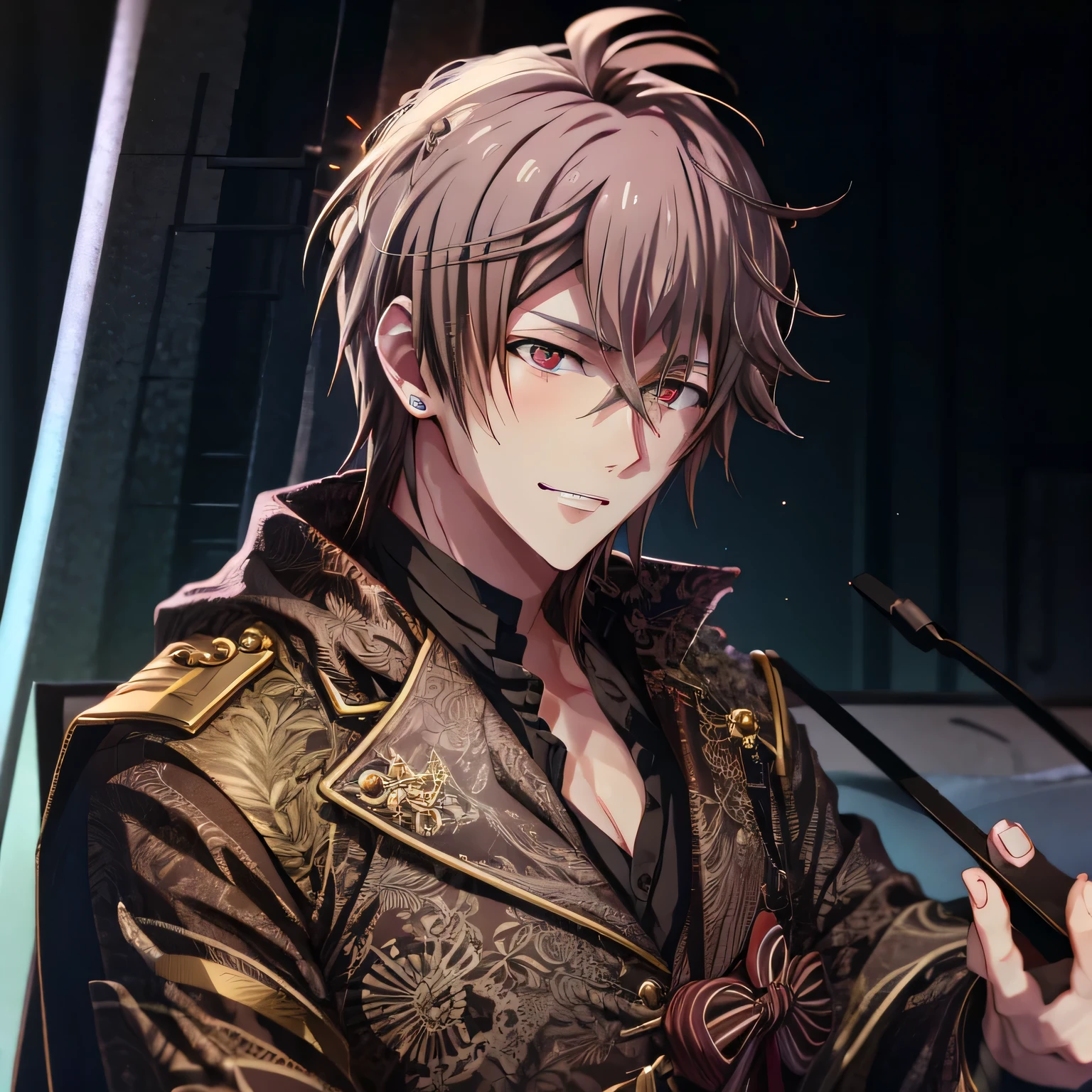 mido torao\(idolish7\), 1boy, solo, looking at viewer, male focus, bangs, brown hair, red eyes, hair between eyes, grin, close-up