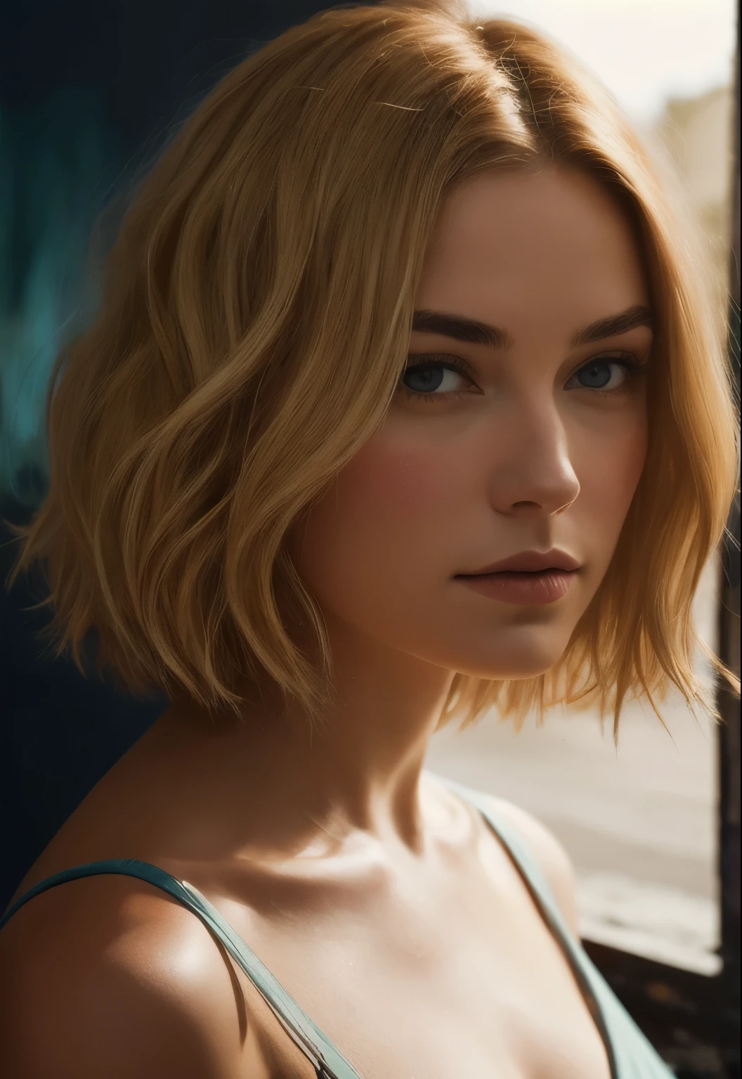 a woman with blonde hair is looking at the camera, a photorealistic painting by James Baynes, featured on cg society, naturalism, film grain, soft light, chiaroscuro