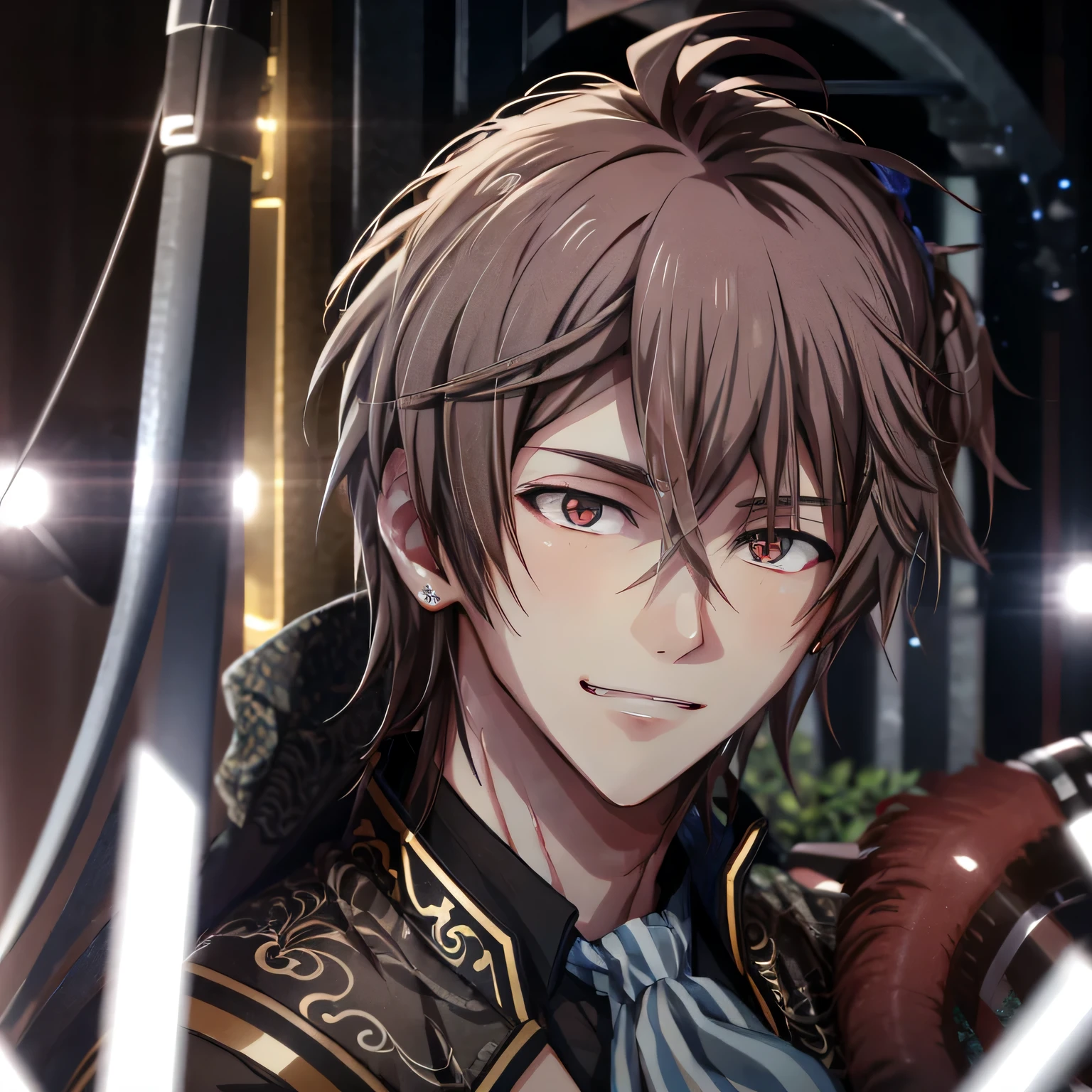 mido torao\(idolish7\), 1boy, solo, looking at viewer, male focus, bangs, brown hair, red eyes, hair between eyes, grin, close-up