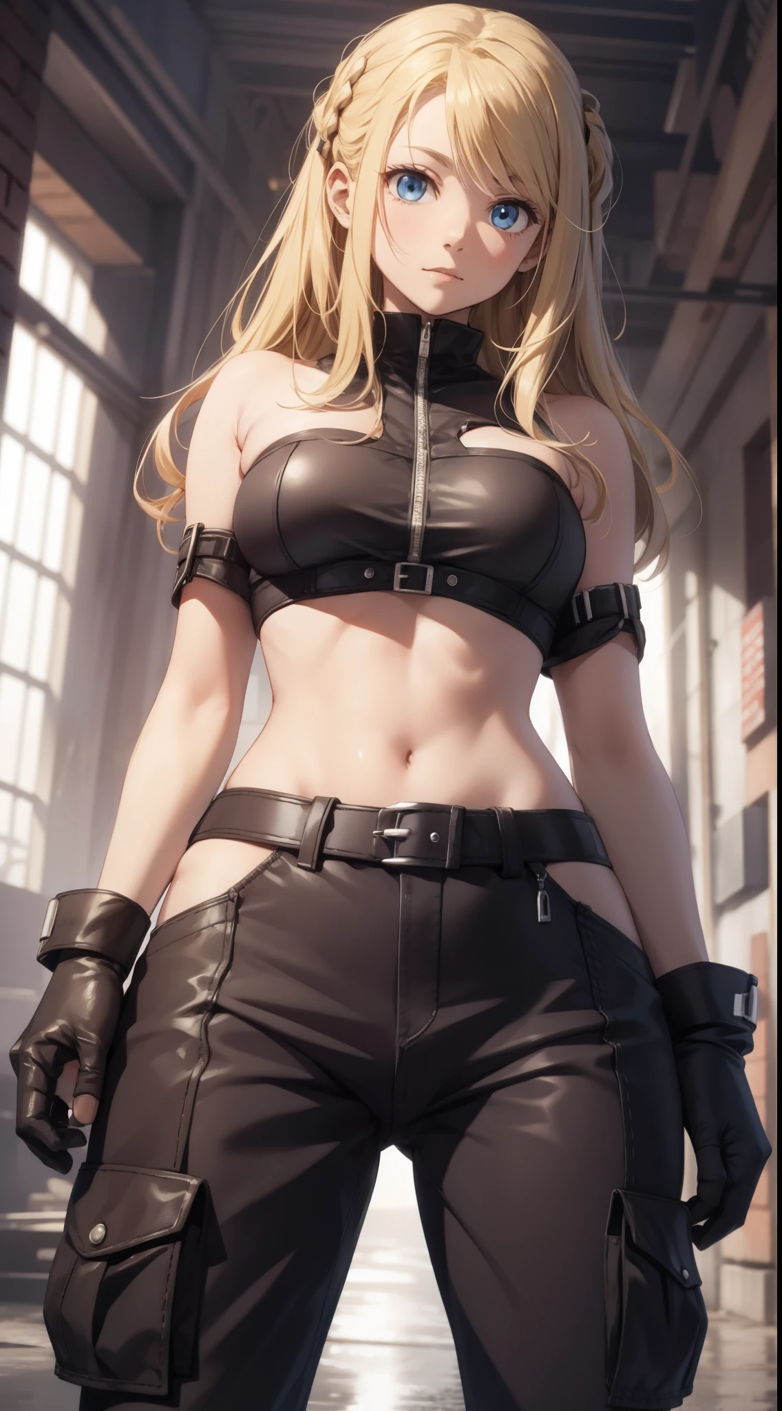 Winry Rockbell, winry rockbell, eBlue eyes, Blonde hair, BREAK BREAK BREAK gloves, navel, Chopping, of shoulders, 鎖骨, 耳Nipple Ring, diaphragm, trouser, stomach, of arms, No shoulder strap, hijabi sluty, Bando, Bandeau, Gray gloves, BREAK BREAK BREAK indoors, BREAK BREAK BREAK looking at viewer, BREAK BREAK BREAK (tmasterpiece:1.2), Best quality at best, A high resolution, Unity8k wallpapers, (illustratio:0.8), (美丽细致的眼睛:1.6), Extremely detailed face, perfect litthing, extremely detremely detailed CG, (Perfect hands, perfect anatomia),