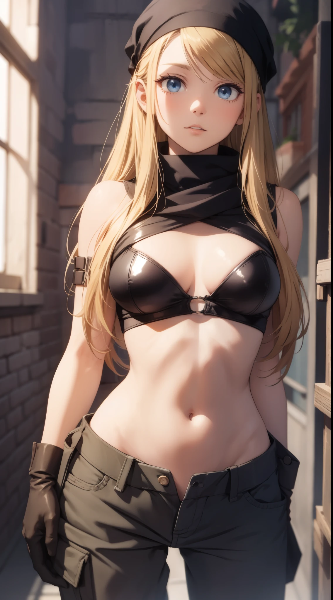 Winry Rockbell, winry rockbell, eBlue eyes, Blonde hair, BREAK BREAK BREAK gloves, navel, Chopping, of shoulders, 鎖骨, 耳Nipple Ring, diaphragm, trouser, stomach, of arms, No shoulder strap, hijabi sluty, Bando, Bandeau, Gray gloves, BREAK BREAK BREAK indoors, BREAK BREAK BREAK looking at viewer, BREAK BREAK BREAK (tmasterpiece:1.2), Best quality at best, A high resolution, Unity8k wallpapers, (illustratio:0.8), (美丽细致的眼睛:1.6), Extremely detailed face, perfect litthing, extremely detremely detailed CG, (Perfect hands, perfect anatomia),