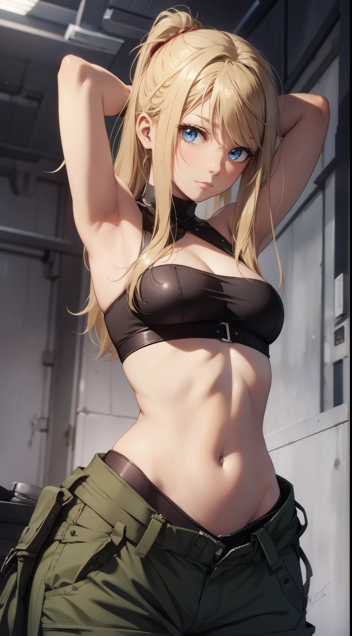 Winry Rockbell, winry rockbell, eBlue eyes, Blonde hair, BREAK BREAK BREAK gloves, navel, Chopping, of shoulders, 鎖骨, 耳Nipple Ring, diaphragm, trouser, stomach, of arms, No shoulder strap, hijabi sluty, Bando, Bandeau, Gray gloves, BREAK BREAK BREAK indoors, BREAK BREAK BREAK looking at viewer, BREAK BREAK BREAK (tmasterpiece:1.2), Best quality at best, A high resolution, Unity8k wallpapers, (illustratio:0.8), (美丽细致的眼睛:1.6), Extremely detailed face, perfect litthing, extremely detremely detailed CG, (Perfect hands, perfect anatomia),