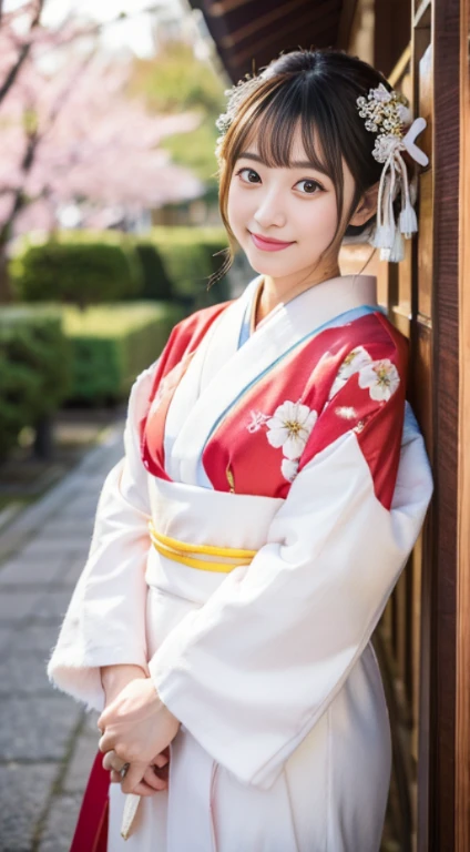 1girl,full body,Wearing an ornament on the head,Japan Traditional Hair Set,(kanzashi,colorful japanese clothes,Red, white, and cherry-colored Japanese clothes,Japanese clothes with gorgeous and elegant patterns,highest grade obi,Kyo Yuzen Japanese clothes,Kyotomo dyed Japanese clothes,Furisode,Floral pattern in Japanese style:1.5,white fur shawl),January,There&#39;s a little snow left,Best Quality,4K,8K,hight resolution,masutepiece:1.2,Realistic,tre anatomically correct,Use natural light and color,Ultra-realistic capture, Highly detailed,人間の皮膚のhight resolution16kクローズアップ,Skin texture must be natural, Detailed enough to finely identify pores. Skin should look healthy,fine-grained white skin,medium breasts,Sharp Focus,In a uniform tone,Ultra-detailed,extremely detailed eye and face,Beautiful detailed eyes,Beautiful detailed lips,long eyelashes,Photorealistic:1.37,japanes,beautiful and magnificent composition,masutepiece,Attractive,Cute,silky smooth hair,light smile,with round face,white tabi socks,Zori sandals