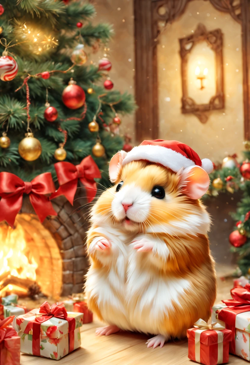 (Christmasパーティ会場:Christmas Decorations),inside in room,Christmas tree,ceiling decoration:Christmas,candy:Christmas,(hamster christmas party),ダンシングhamster:party attire:dance:pulling the hands up:Opening Mouth:Chibi:cute little:A delightful:Joy,hamster達,​masterpiece,top-quality,Fluffy hamsters,Christmas,A delightful,tre anatomically correct,The cutest hamster,colourfull,hamster,bow ribbon,,fireplace,Fantasia,randolph caldecott style,illustratio,watercolor paiting,今日はA delightfulChristmasパーティです。