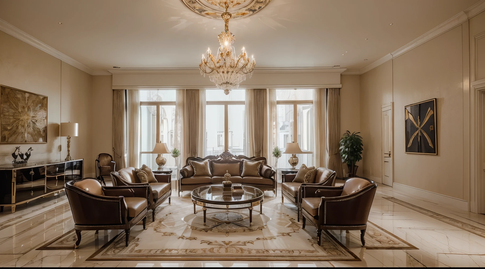 (luxurious living room,elegant atmosphere,expensive furniture,elegant color scheme,floor-to-ceiling windows,plush carpeting,sparkling chandeliers,marble accents,ornate ceiling moldings,polished wood flooring,opulent decor,high-end art pieces,refined accents).