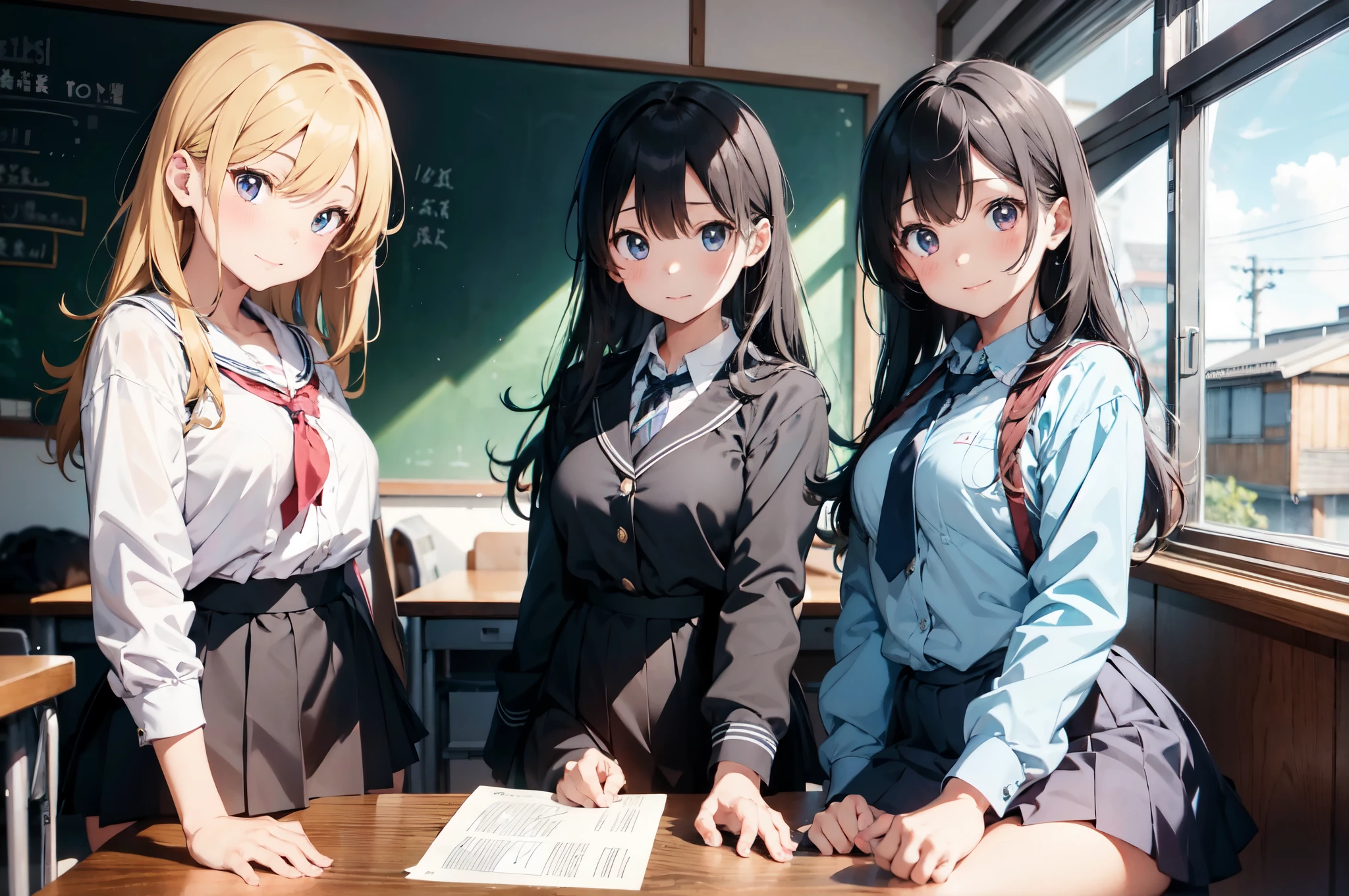 three girls in school uniforms sitting on a desk in front of a blackboard, hyperrealistic schoolgirl, a hyperrealistic schoolgirl, realistic schoolgirl, ddlc, model エリサヘス s from acquamodels, dollfie dream, japanese high school, high school girls, japanese school uniform, several dolls in one photo, school class