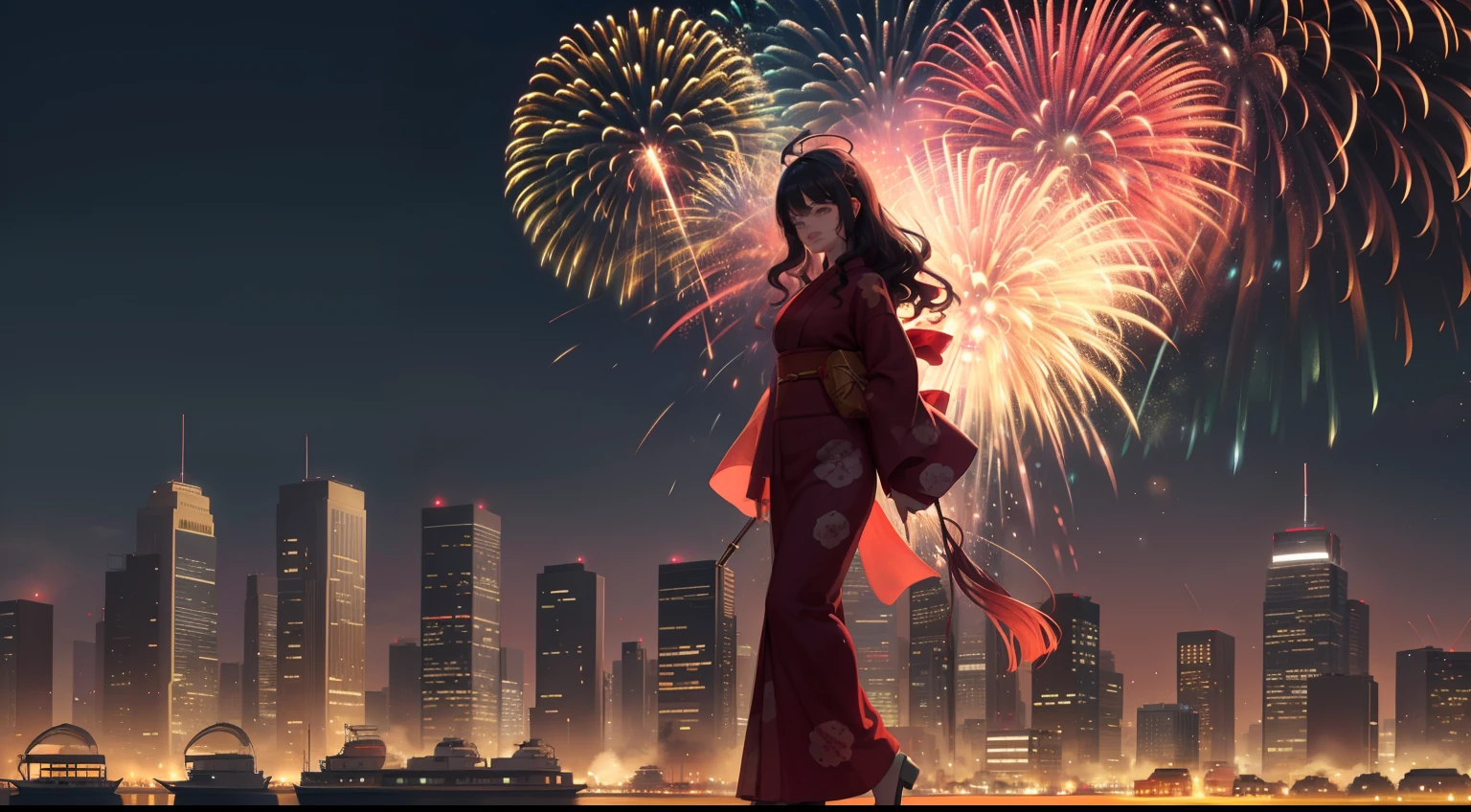 (Stroll through the cityscape with fireworks displays:1.2), Food Food, (Red colorful yukata:1.3), beast ear, middlebreast, ssmile, Be red in the face,(perfect bodies:1.1)、(short and wavy hair:1.2)Full body photo,(Very elaborate CG 8K wallpaper),(very delicate beautiful)(tmasterpiece)(Best quality at best):1.0),(Ultra k hd:1.0),[k hd],Detailed skins, ultra - detailed ((Colorful)),