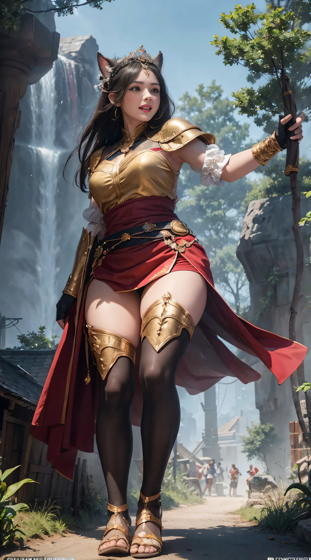 独奏，1 Orcs， Super tall，The temperament of a queen，tmasterpiece，best qualityer，Hyper-detailing，Full body illustration，Fine and detailed eyes and detailed face） garments：There are animal ears，Mature female orcs，cruel grin，There are clothes on the upper body，Wrap the whole body，The lower body is wearing animal skin shorts，Pantyhose， Show stockings，allure：Tall，Plump body，Wide buttock，Large，Strong，There are muscles，Very high，Go ahead，（big assa：1.3），（thick thight：1.3），Taller than a tree，Clouduilding, red clothes