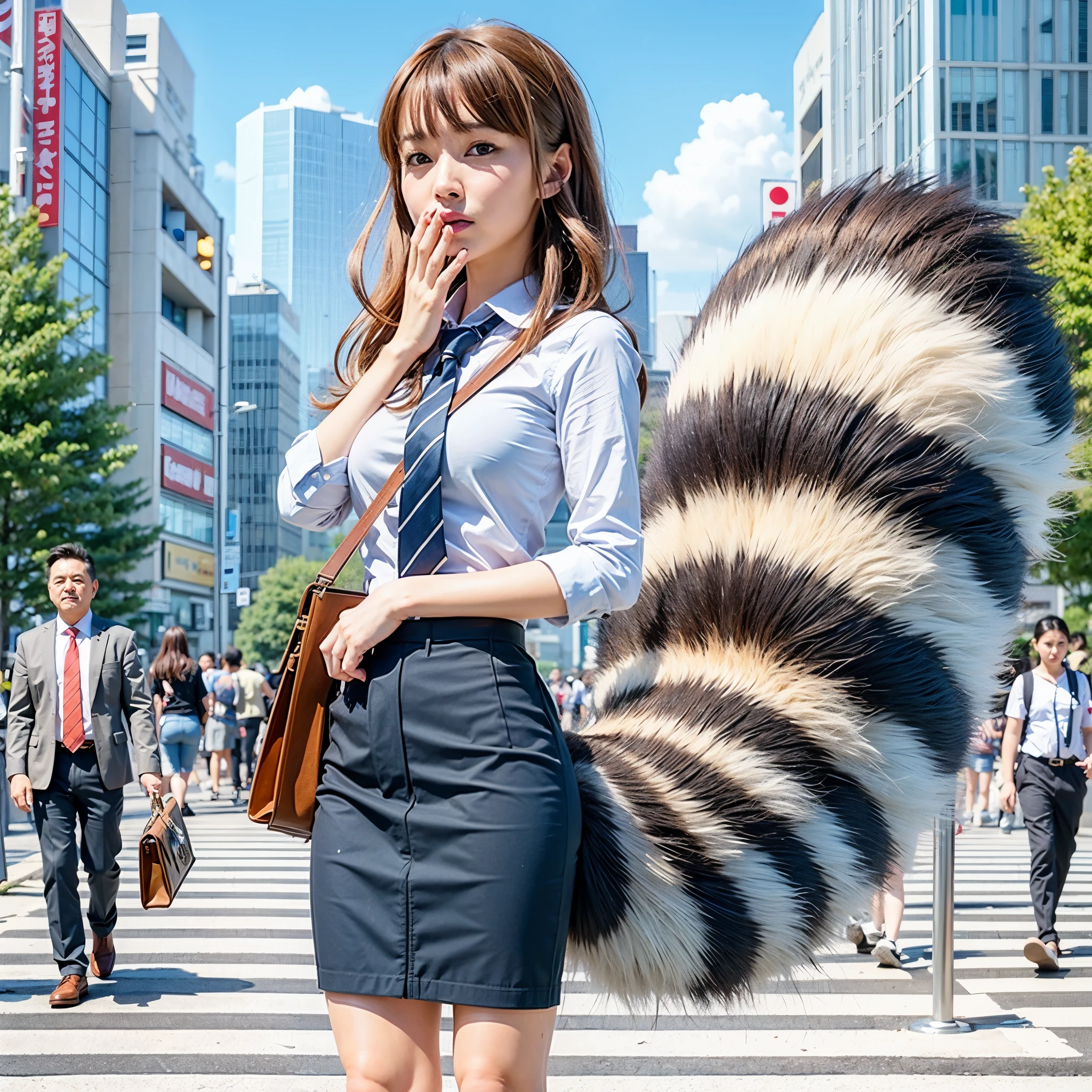 A woman wearing a pleated miniskirt with a raccoon tail, anthropomorphic racoon, けもの, Realistic, a picture, top-quality, Surprised face , Troubled face, Her pleated miniskirt is flipped up and her tail is visible.(1.5) ,Realistic tail, small tits, slender, White panties, tail