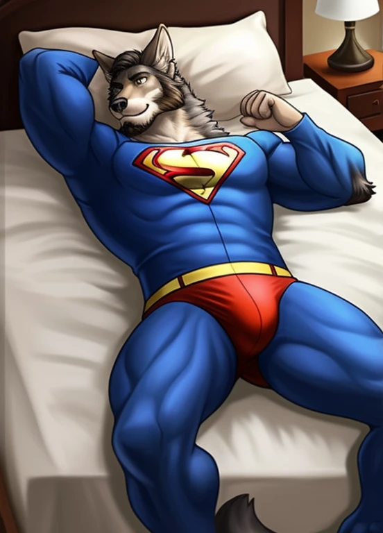 william adler, solo, male focus, naked , full body, wearing a superman costume, lying on the bed, detailed bulge, wolf ears, beard