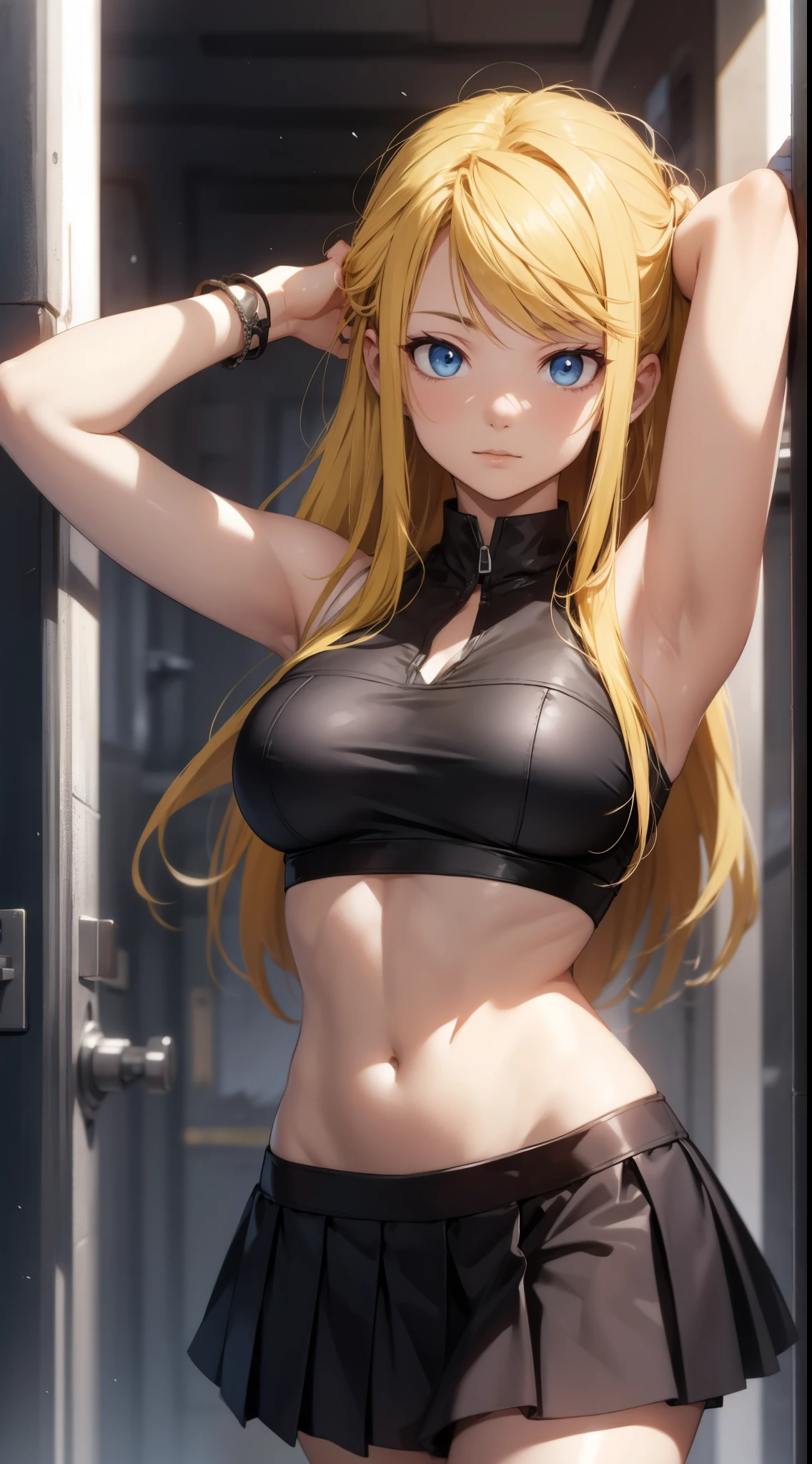 Winry Rockbell, winry rockbell, eBlue eyes, Blonde hair, BREAK BREAK BREAK long hair, a skirt, The shirt, jewely, white The shirt, pleated a skirt, 耳Nipple Ring, Sleeveless, blue a skirt, of arms, Sleeveless The shirt, BREAK BREAK BREAK indoors, BREAK BREAK BREAK looking at viewer, BREAK BREAK BREAK (tmasterpiece:1.2), Best quality at best, A high resolution, Unity8k wallpapers, (illustratio:0.8), (美丽细致的眼睛:1.6), Extremely detailed face, perfect litthing, extremely detremely detailed CG, (Perfect hands, perfect anatomia),