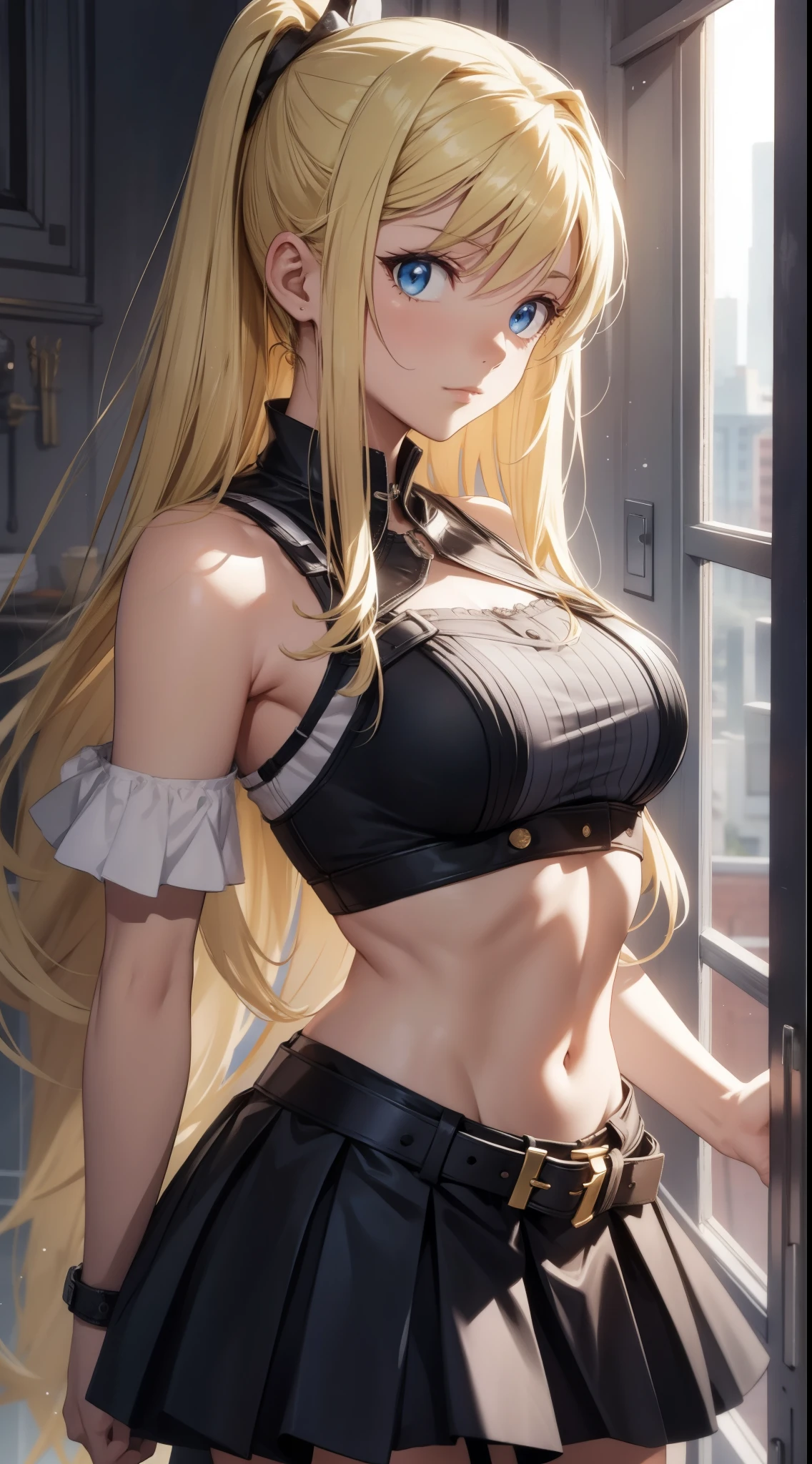 Winry Rockbell, winry rockbell, eBlue eyes, Blonde hair, BREAK BREAK BREAK long hair, a skirt, The shirt, jewely, white The shirt, pleated a skirt, 耳Nipple Ring, Sleeveless, blue a skirt, of arms, Sleeveless The shirt, BREAK BREAK BREAK indoors, BREAK BREAK BREAK looking at viewer, BREAK BREAK BREAK (tmasterpiece:1.2), Best quality at best, A high resolution, Unity8k wallpapers, (illustratio:0.8), (美丽细致的眼睛:1.6), Extremely detailed face, perfect litthing, extremely detremely detailed CG, (Perfect hands, perfect anatomia),