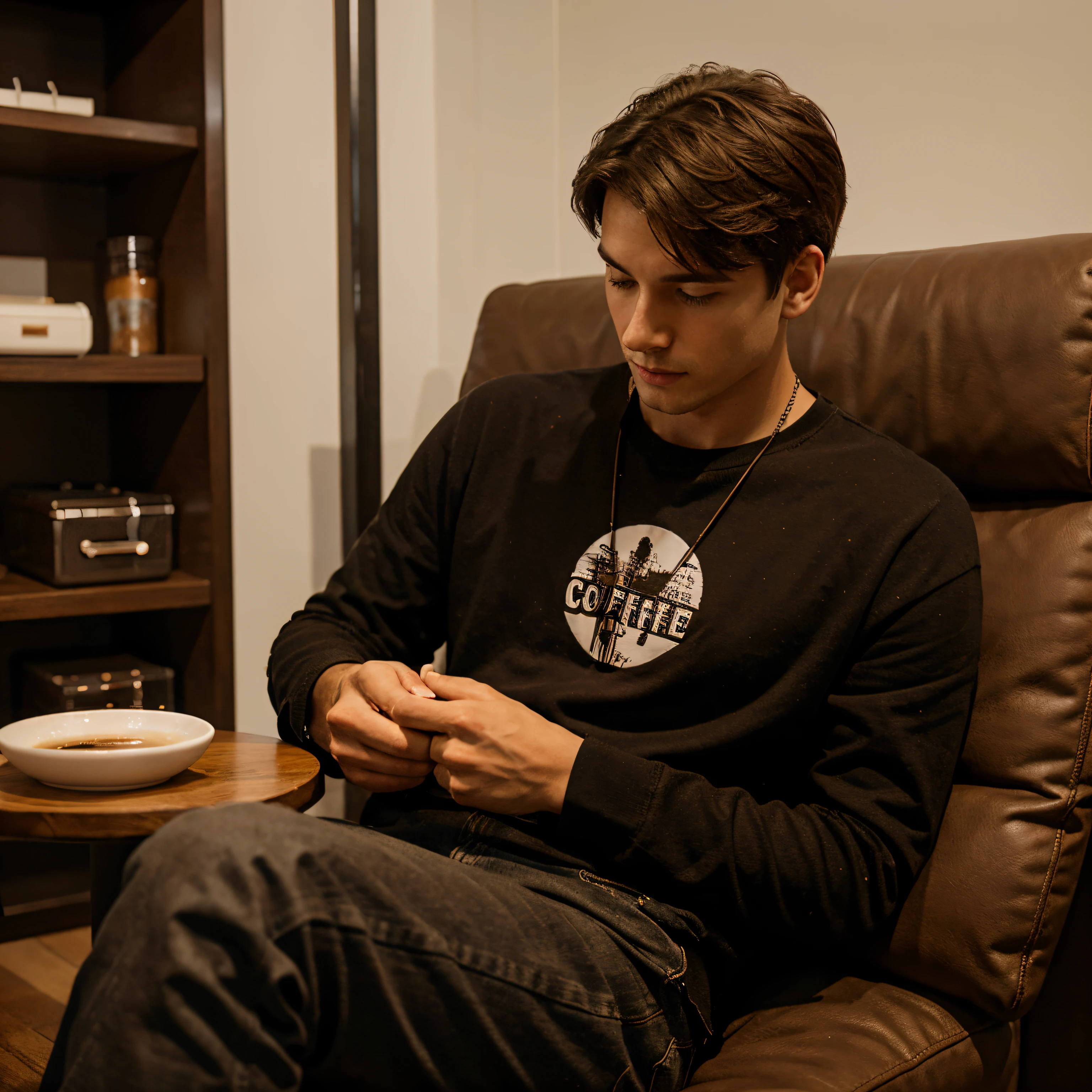 Sitting with coffee , boy