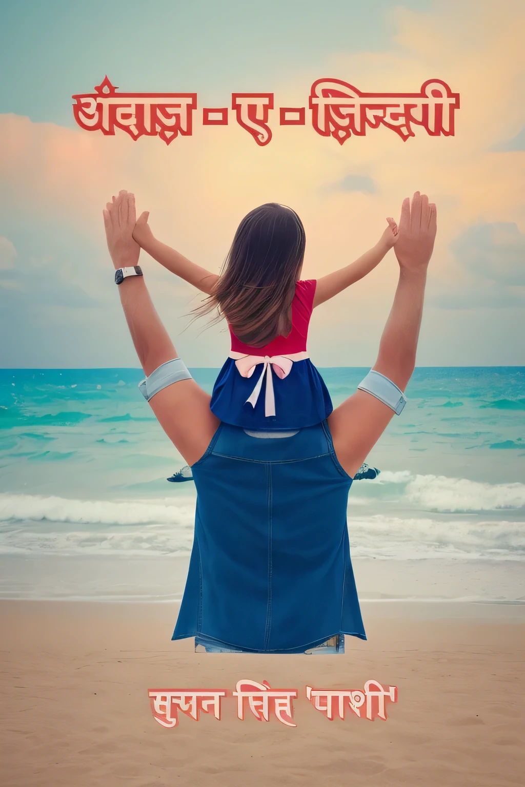 cute daughter, red skirt, blue shirt father