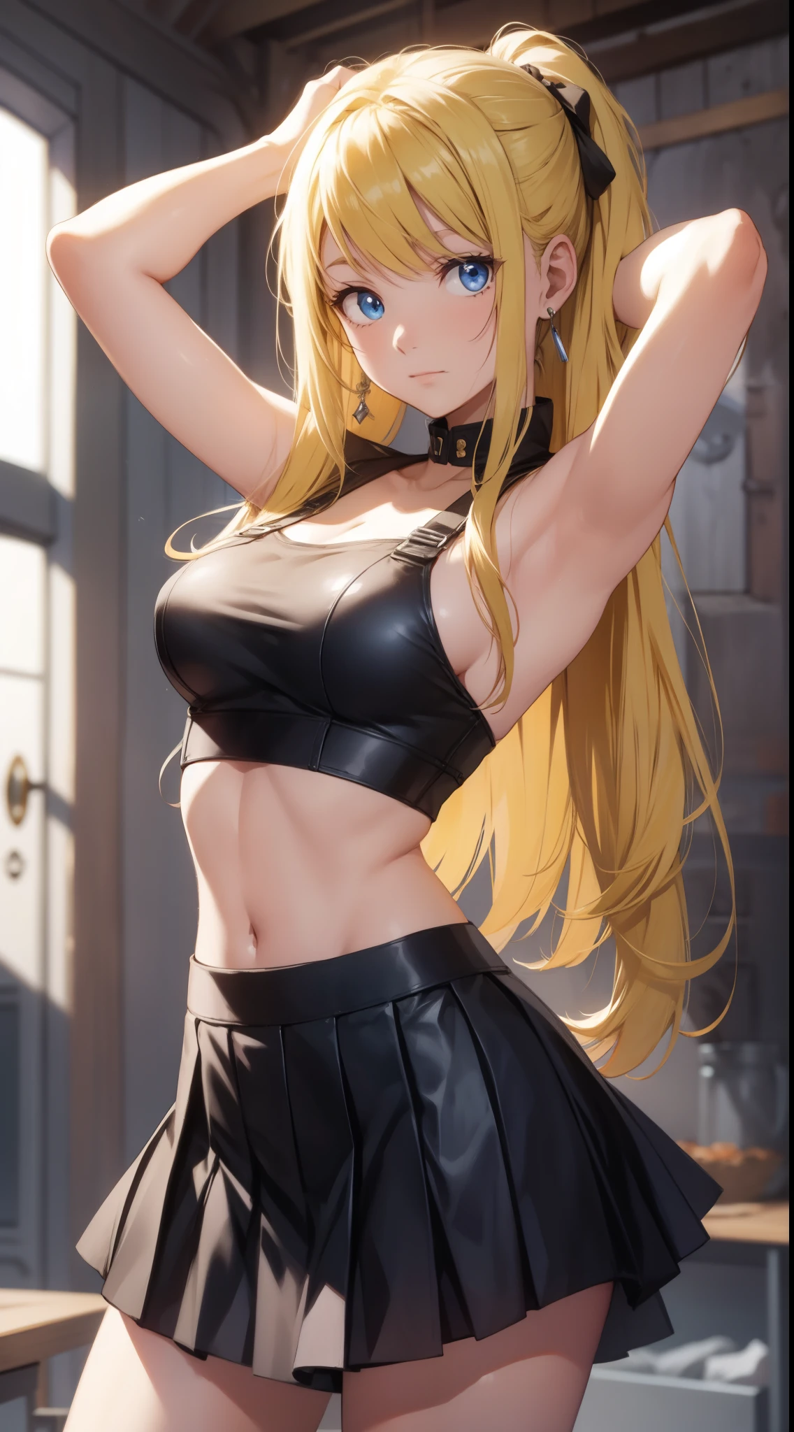 Winry Rockbell, winry rockbell, eBlue eyes, Blonde hair, BREAK BREAK BREAK long hair, a skirt, The shirt, jewely, white The shirt, pleated a skirt, 耳Nipple Ring, Sleeveless, blue a skirt, of arms, Sleeveless The shirt, BREAK BREAK BREAK indoors, BREAK BREAK BREAK looking at viewer, BREAK BREAK BREAK (tmasterpiece:1.2), Best quality at best, A high resolution, Unity8k wallpapers, (illustratio:0.8), (美丽细致的眼睛:1.6), Extremely detailed face, perfect litthing, extremely detremely detailed CG, (Perfect hands, perfect anatomia),