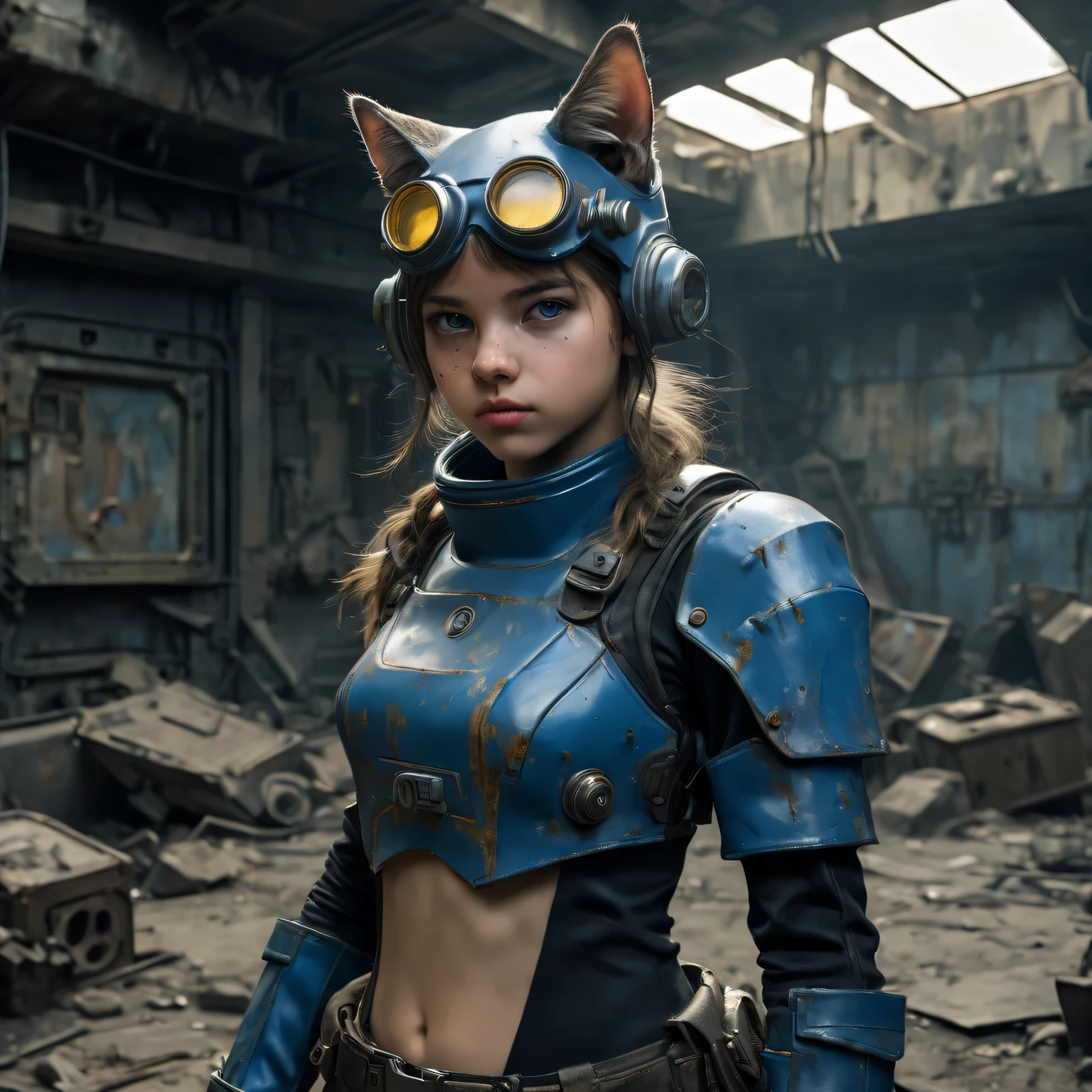 European girl wearing (vaultsuit with pipboy3000 on wrist) standing in a rundown rusty post apocalyptic steel bunker, holding a weapon in her right hand, giant fallout cat in fallout armor in background, professionally color graded, professional photography, well drawn, masterpiece, hyper realistic, ultra detailed, high quality, best quality, 4k, 8k, raw, detailed and realistic eyes, petite, , )) ((wearing long leather gloves cover all her fingers)), , wearing cats ears, highly detailed, vibrant,8k Ultra HD