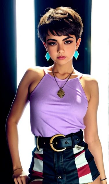 Photo of a 15-year-old European girl, .RAW, beautiful woman,pecas en mejillas y pecho ,hermosos ojos azules(Light brown hair pixie haircut),corte de cabello pixie desalineado ((retrato)), ((Cara detallada:1.2)), ((Detailed facial features)), (Piel finamente detallada) ,lindo maquillaje, Purple eyeshadows on eyelids ,Un sexy(cool color), (Masutepiece) (proporciones perfectaotos realistas)(La mejor calidad), NffSW, (8k) (papel tapiz) (cinematic lighting) (Dramatic lighting) (foco nítido) (Enrevesado) , fondo variado , linda sonrisa, foto de cuerpo completo , posando para foto , gargantilla negra , aretes de clip , maquillaje , labios rojos , sombra de ojos morada , ropa grunge , wears purple t-shirt with skull image, white belt, Lilac skirt with checkered images, Long boots with heels, alegre