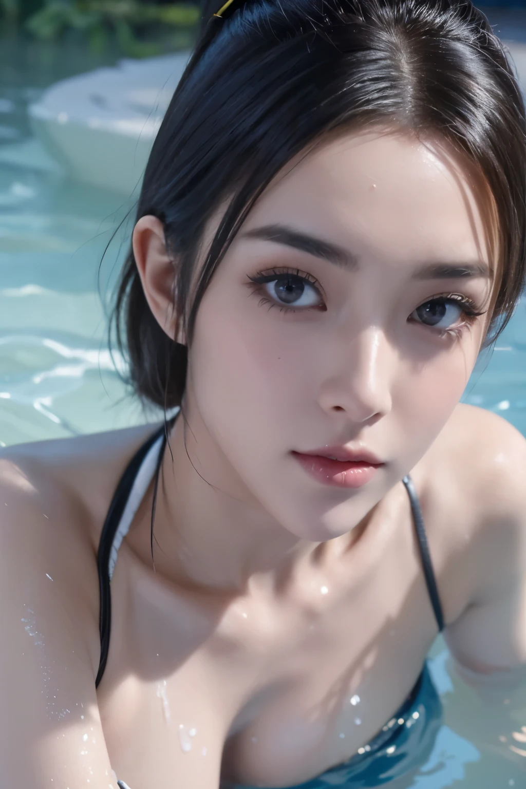 Masterpiece,The best qualities,Very high resolution,8K,((Portrait)),((Head close-up)),Original photo,real photo,digital photography,(A swimsuit girl with a modern twist),(Bikini Girl),21-year-old girl,(Short grey hair),Red eyes,Realistic,beautiful charming,Elegant and noble,(Shy),((Big breasts)),(Swimming suit,Bikini,Black),Photo pose,Soaking wet,white backgrounid,oc render reflection texture