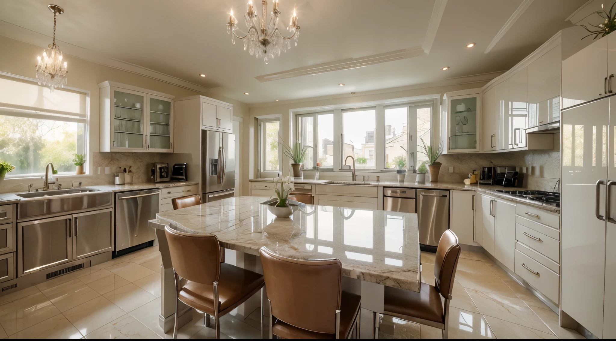 (best quality,highres,ultra-detailed,realistic),luxurious and tidy kitchen,marble countertops,elegant chandeliers,gleaming stainless steel appliances,expensive cooking utensils,majestic dining table and chairs,sparkling clean floor,toasty underfloor heating,floor-to-ceiling windows overlooking a beautiful garden,lush green plants,bright natural light,golden accents,ample storage space,state-of-the-art technology,modern and sleek design,meticulously organized cabinets and drawers,fresh flowers on the countertop,a cozy breakfast nook with plush cushions,delicate porcelain dinnerware,gourmet ingredients,professional-grade chef's knives,delicious aroma wafting through the air,luxurious finishing touches,meticulous attention to detail,high-end craftsmanship,a welcoming and inviting atmosphere