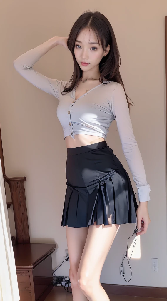 (((With the hem of the skirt:1.3))), (((Skirt cracks:1.3))), (((skirt lift by yourself:1.Ant focus)), ((校服)), ((cardigan shirt)), ((mini-skirts)), Modern old town landscape, (NSFW), 1 woman, Alone, 24 years of age, 7headed body, (Cute face), (ideal body proportions), (Composition from head to thighs), Smiling smile, The erection, , Wet with, brunette color hair, small山雀, A slender one, small, beautifullegs, lean legs, hyper realisitc, 电影灯光, depth of fields, A person's point of view, F/1.8, 135mm, north african free trade area, On the table, acurate, ((Anatomically correct)), ctextured skin, super detailing, high detal, high qulity, Award-winning, Best quality at best, A high resolution, 8K