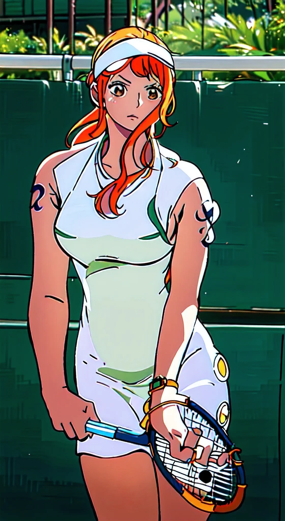 a female tennis player holding a racket and ball on a court, nami \(one piece\), 1girl, long hair, orange hair, brown eyes, white dress